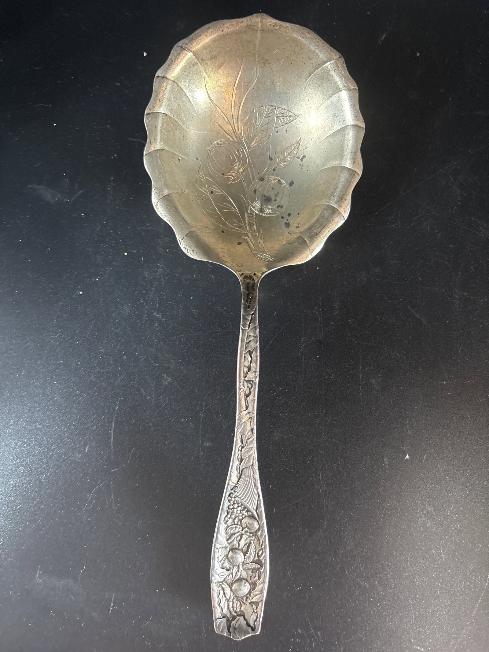 Large 8&1/2 antique sterling silver serving spoon with floral and fruit motifs;79 grams (1 of 6)