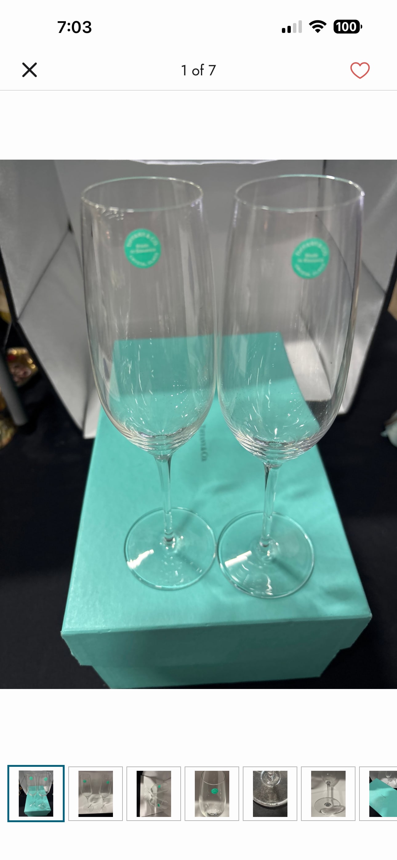 vintage Tiffany & Co. crystal champagne flutes in signature blue box: vintage Tiffany & Co. crystal champagne flutes come as a pair with the signature blue box. Brand/Model: Tiffany & Co. champagne flutes, often marketed as wedding or toast flutes. Material/Quality: Cra