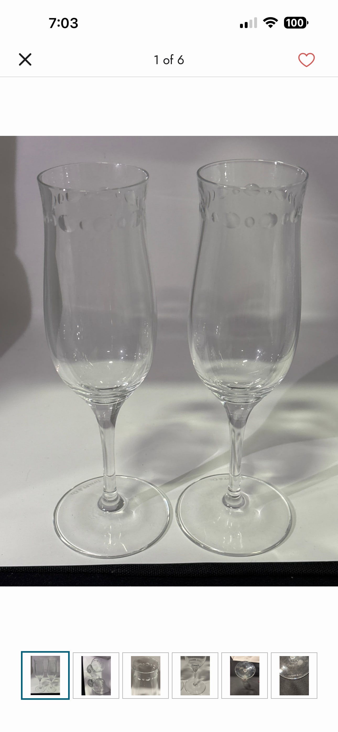 pair vintage Tiffany & Co. crystal “Wake” 7&3/4 inch champagne glasses (1 of 6)