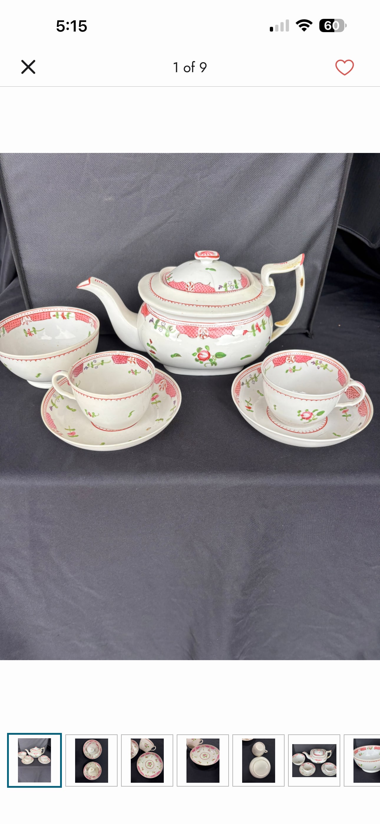 Circa 1790 New Hall six piece antique teaset, teacup and saucer set: Six piece antique teapot, teacup and saucer set, likely produced by the New Hall Porcelain Company around 1790–1800, featuring a hand-painted floral pattern with a distinct pink border. Manufacturer