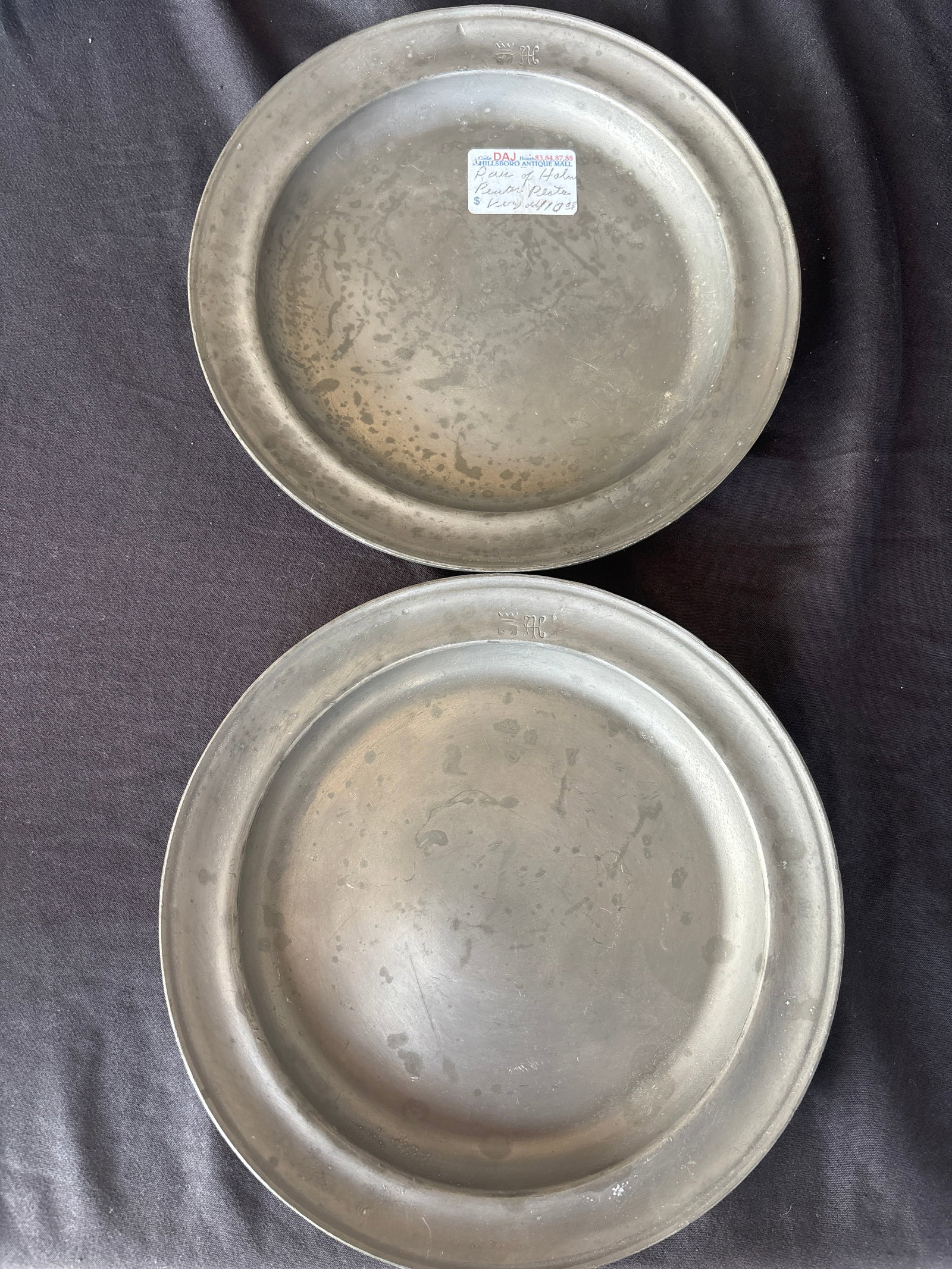 Pair early 19th C. pewter 8 inch plates English hallmark Thomas Alderson: Pair antique pewter plate features a hallmark in the form of a crown above the initials "TH".The markings indicate the item was crafted by Thomas Alderson, a renowned English pewterer who worked in th