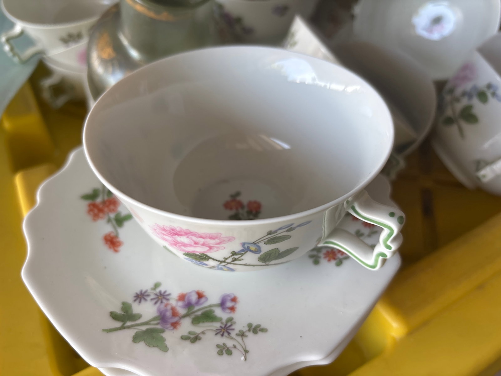 Rare set eight Vienna ‘Liechtenstein’ pattern soup cups with saucers: Cups are 4&3/8 across & saucers are 6&1/4.Rare set of eight Liechtenstein pattern by the Wiener Porzellanmanufaktur Augarten (Vienna Porcelain Manufactory Augarten).Pattern DetailsManufacturer: Augart