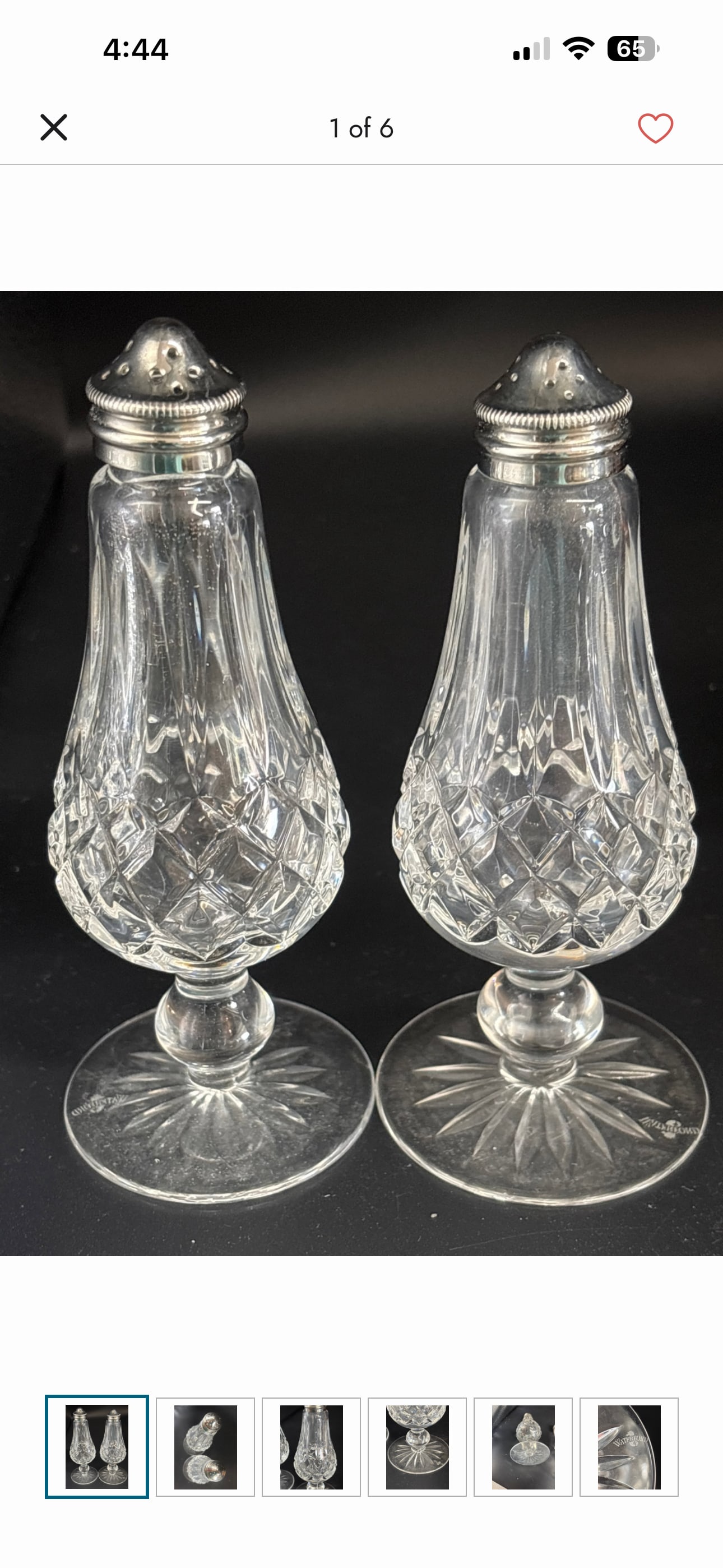 pair of vintage Waterford Crystal Lismore 6&1/4 inch salt and pepper shakers: pair of vintage Waterford Crystal salt and pepper shakers in the iconic Lismore pattern. Design: Featuring the classic pear shape, these shakers have diamond and wedge cuts that glint in the light. Ma