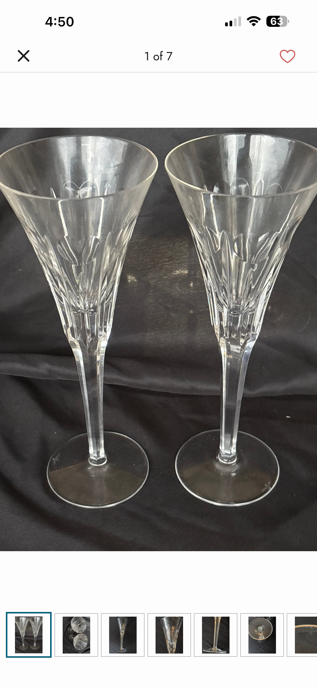 Pair vintage Waterford crystal 9&1/4 inch Millennium Collection champagne flutes: Pair vintage crystal glasses are Waterford Millennium Collection champagne flutes, likely from the "Love" series released for the year 2000, known for their integrated heart cut pattern. Brand: Waterf