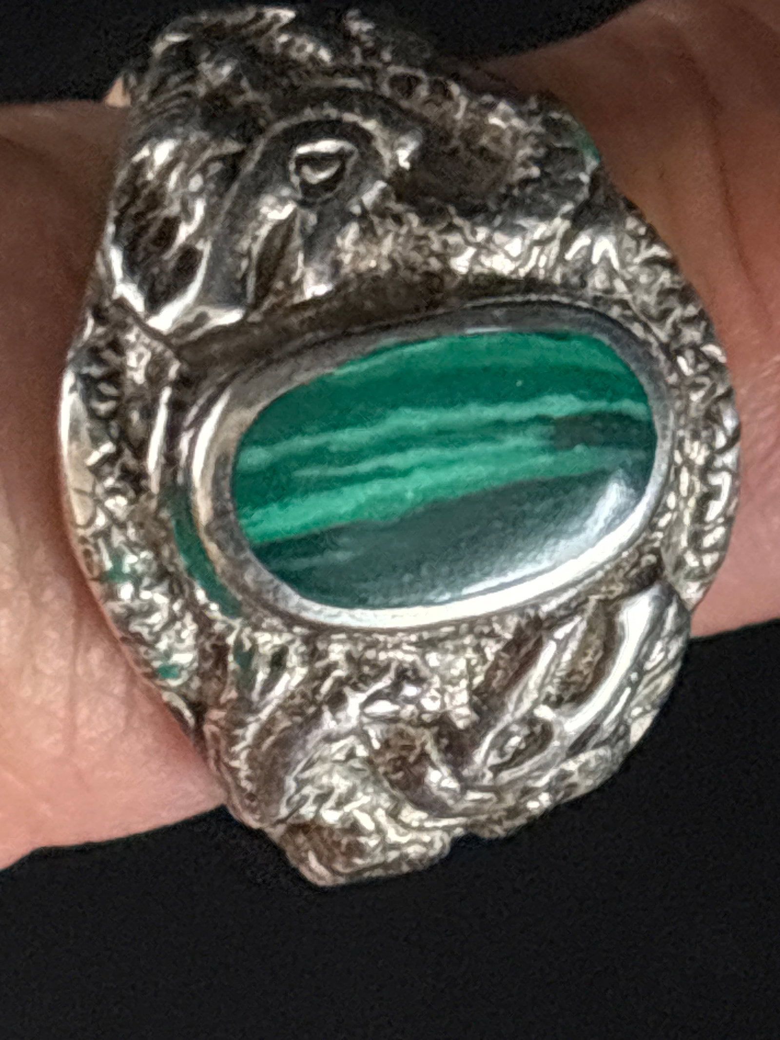 Hand made .925 sterling silver malachite & dragon motif ring; 11 grams (1 of 6)