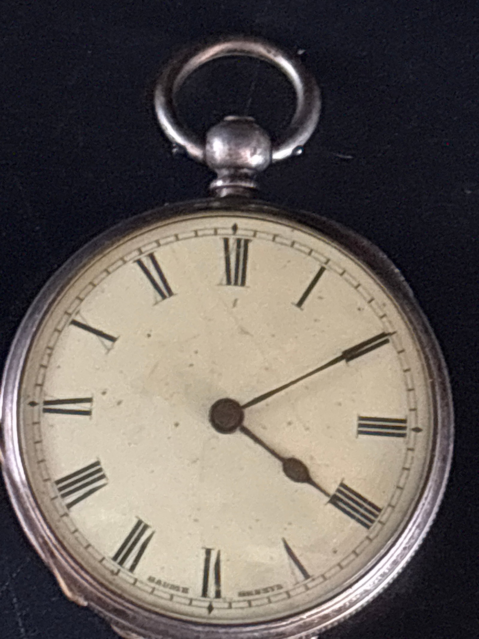 antique pocket watch, cream-colored dial,Roman numerals & marking "BAUME GENEVE’ (1 of 8)