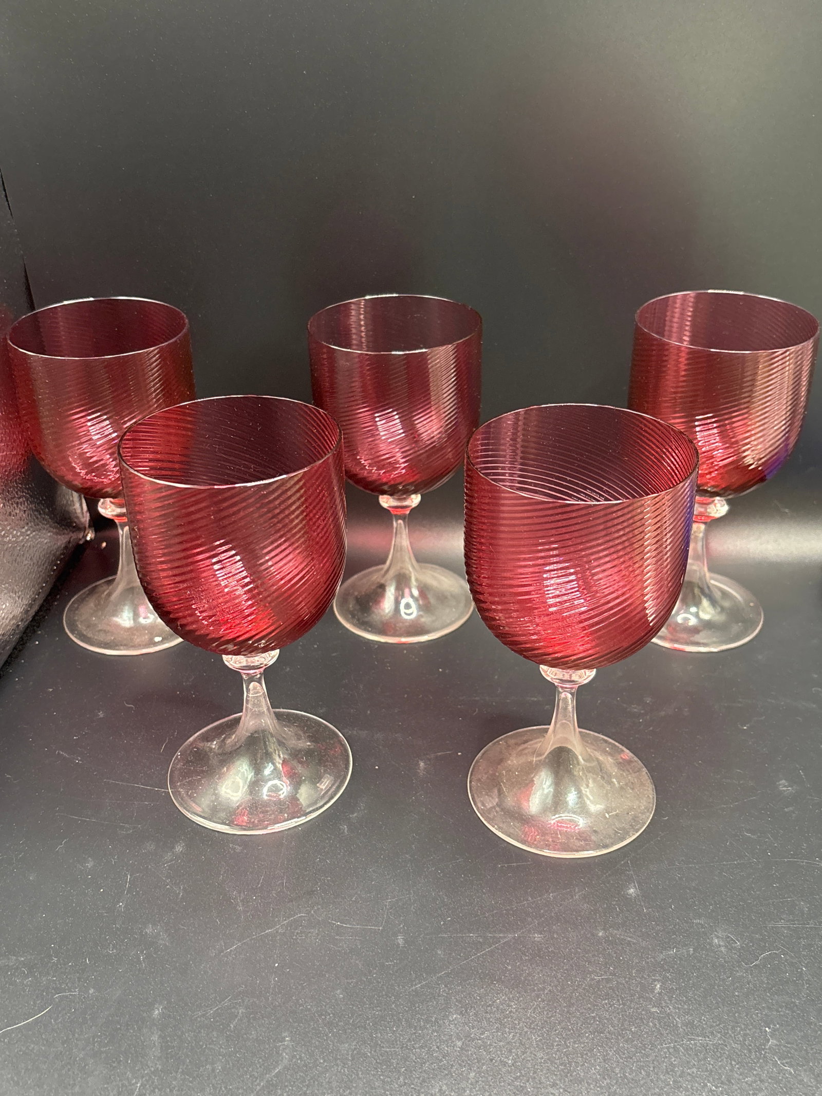 Set of five unsigned Nason Moretti Murano cranberry glass 5&3/4 inch goblets (1 of 7)