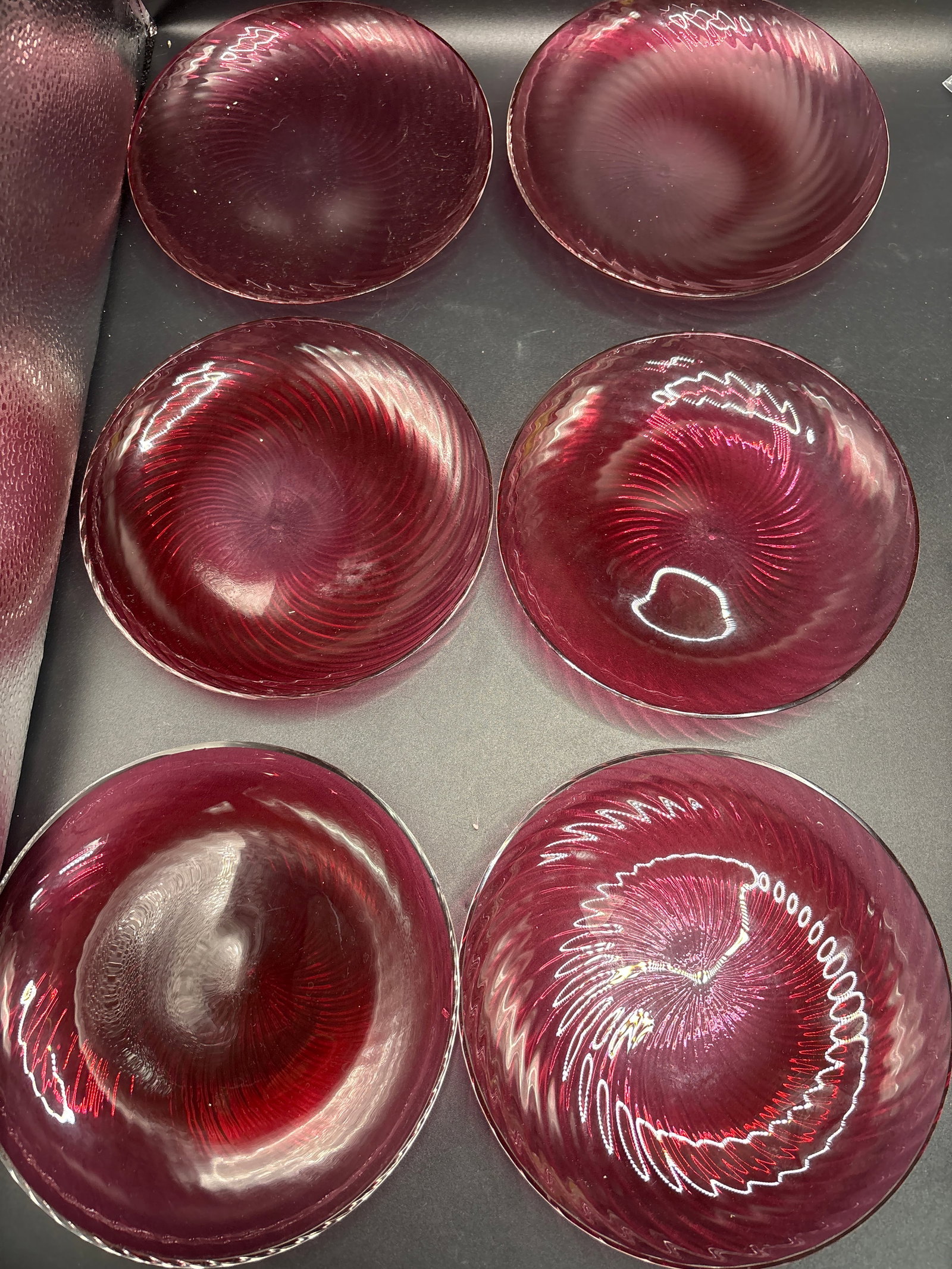 Set of six unsigned Nason Moretti Murano cranberry glass 6&1/2 inch dishes (1 of 6)
