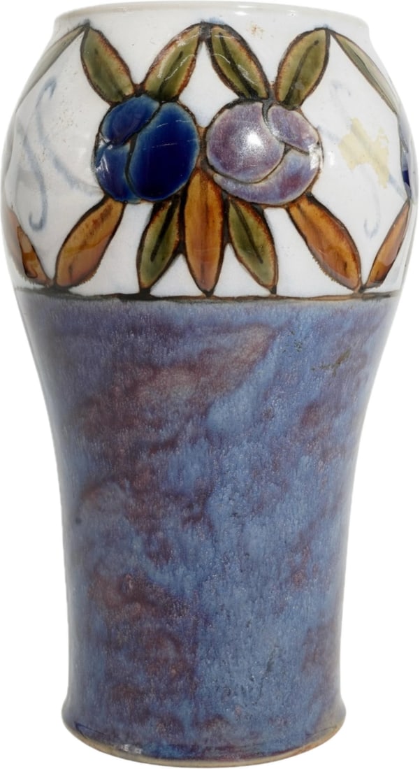 Art Nouveau/Art Deco Royal Doulton glazed pottery 9 inch vase: Royal Doulton glazed pottery vase designed with a blue and purple glazed ground with floral motifs. Marked with Royal Doulton mark on the underside.H: 9" W: 5"