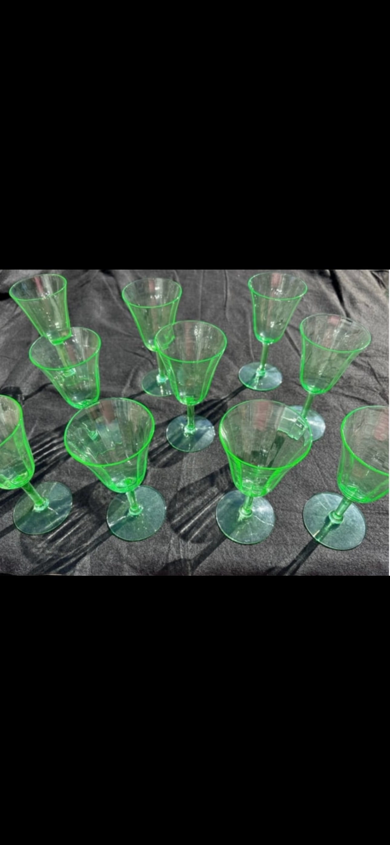 Ten Uranium glass vintage Tiffin-Franciscan "Green Panel Optic" wine goblets (1 of 7)