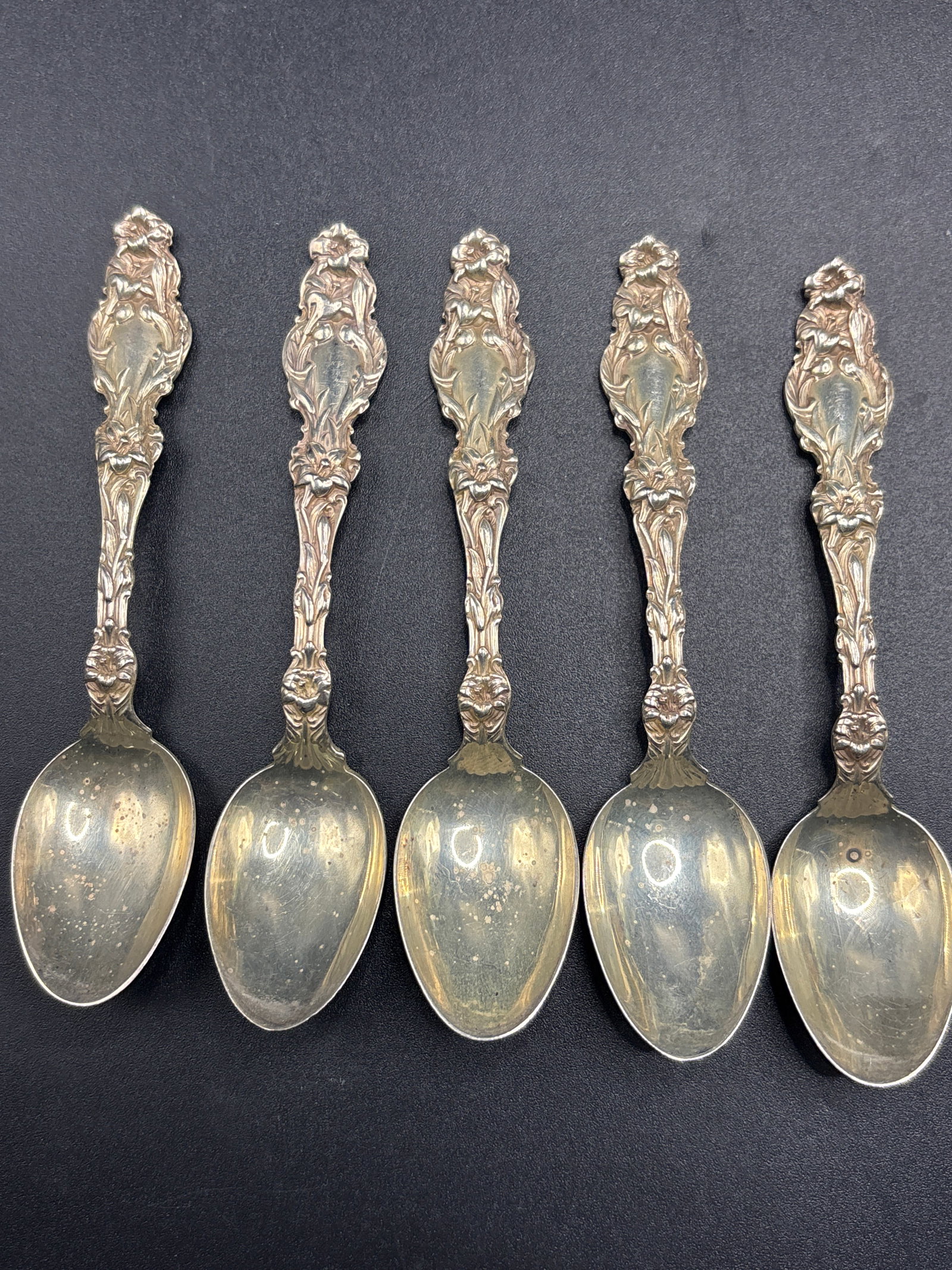 Five 61 grams Gorham Sterling silver 4inch demitasse spoons: Five 61 grams Gorham Sterling silver 4inch demitasse spoons.Possibly with the detailed Art Nouveau floral design featuring fluid flowing stems and prominent poppy bulbs, this pattern appears to be