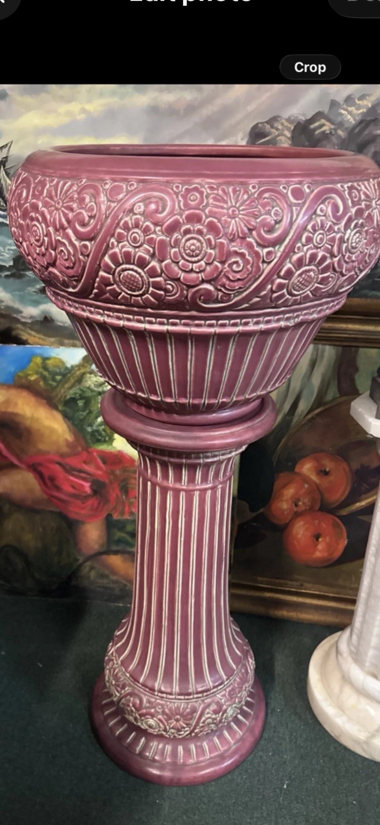 Antique very large Art Deco Pottery jardiniere and pedestal: He aware of shipping costs at this is large.Large vintage jardiniere and pedestal set is likely a product from Weller Pottery, possibly featuring their Roma pattern with Tutone maroon coloring.The