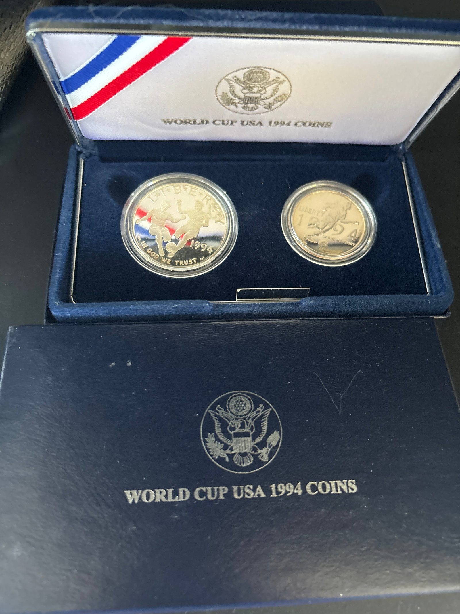 .7734 TO 90% silver 1994 World Cup USA Commemorative 2-Coin Proof Set: 1994 World Cup USA Commemorative 2-Coin Proof Set issued by the United States Mint.Current ValuationThe retail value for this specific two-coin proof set in its original government packaging