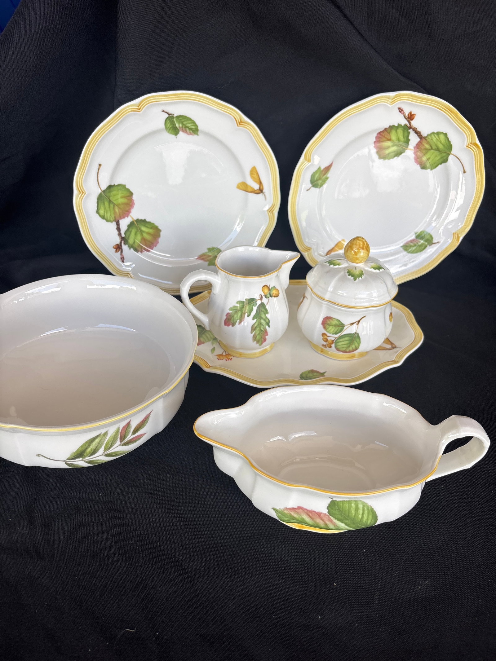 Seven piece Villeroy & Boch “Parkland pattern serving pieces: Set of eleven Villeroy & Boch “Parkland” pattern sugar, creamer, tray, gravy, 7 inch bowl and to 8 inch plates, featuring a distinct yellow rim and botanical leaf design.It is crafted from