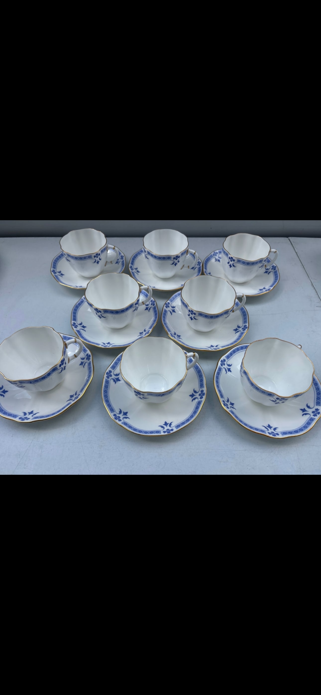 First quality Set of eightRoyal Crown Derby "Grenville" pattern cups with saucers: Set of eight Royal Crown Derby "Grenville" A.1303 pattern tea cups with saucers,a classic English fine bone china design.The pattern is characterized by its Surrey shape with scalloped edges, featurin