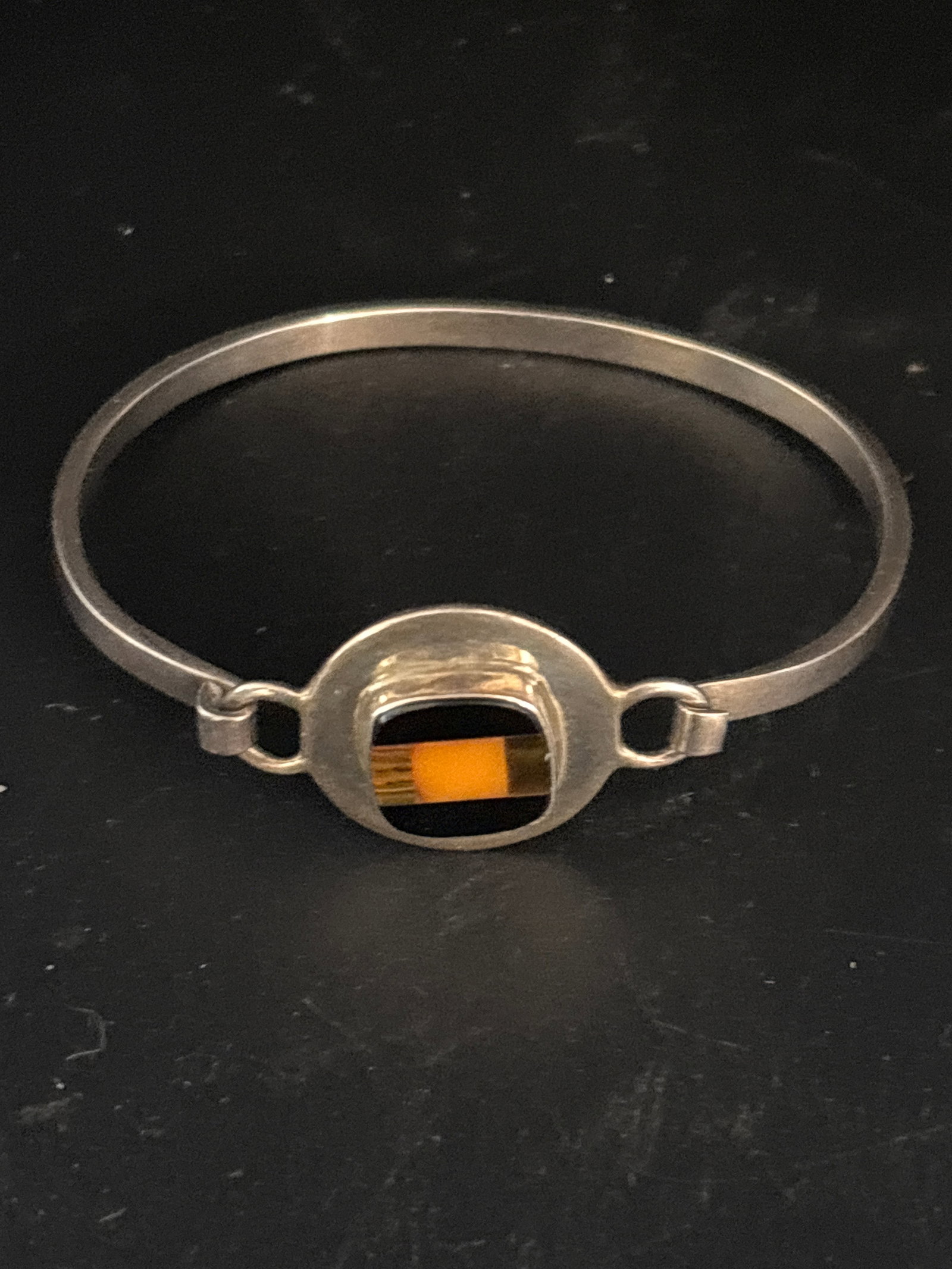 vintage Mexican .950 Silver striped gemstone hinged bangle; 17 grams (1 of 7)
