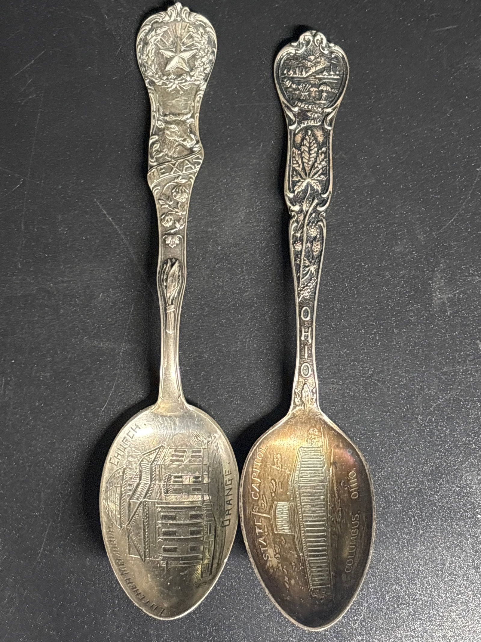 Two antique sterling Silver minor handled souvenir spoons; 37 grams (1 of 7)