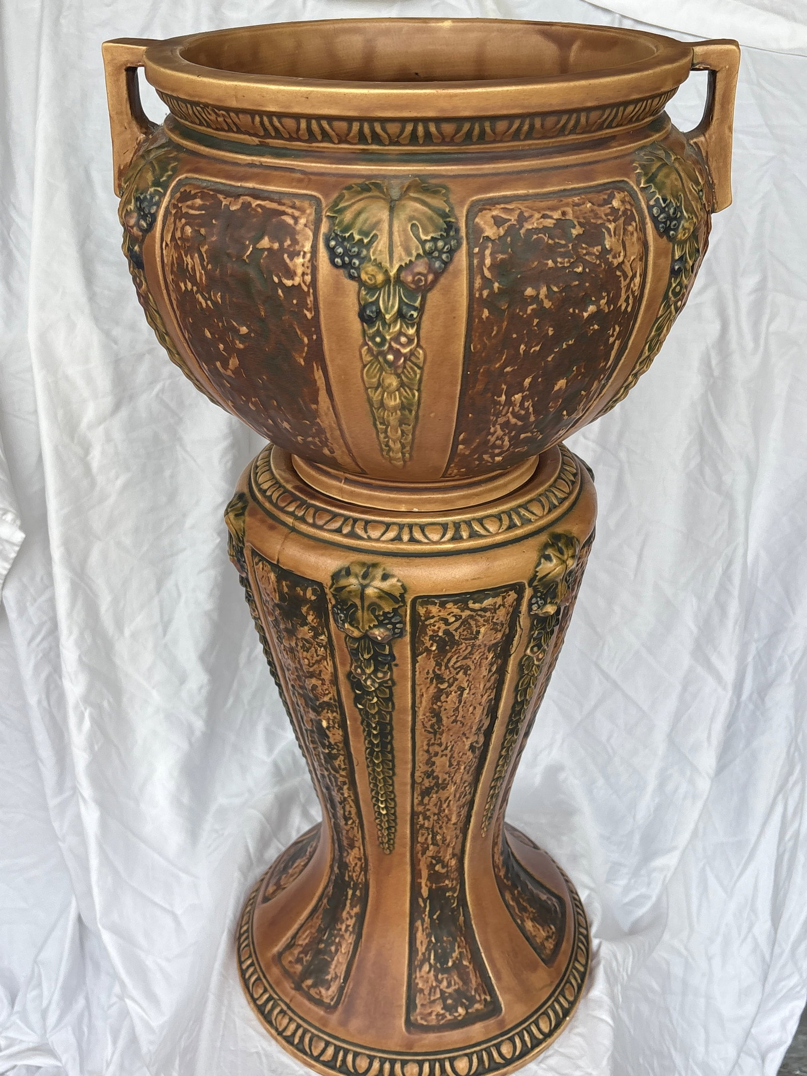 vintage Roseville pottery jardiniere and pedestal set in the "Florentine" pattern (1 of 8)