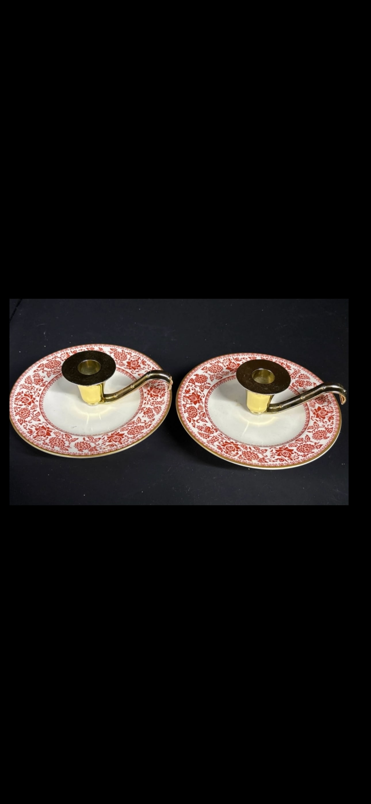 Pair Wedgwood "Red Damask" pattern candle holders: Wedgwood "Red Damask" pattern, which was manufactured between 1969 and 1972.The bone china plates are characterized by a red floral damask design on the rim with gold trim.The attached candle sticks a