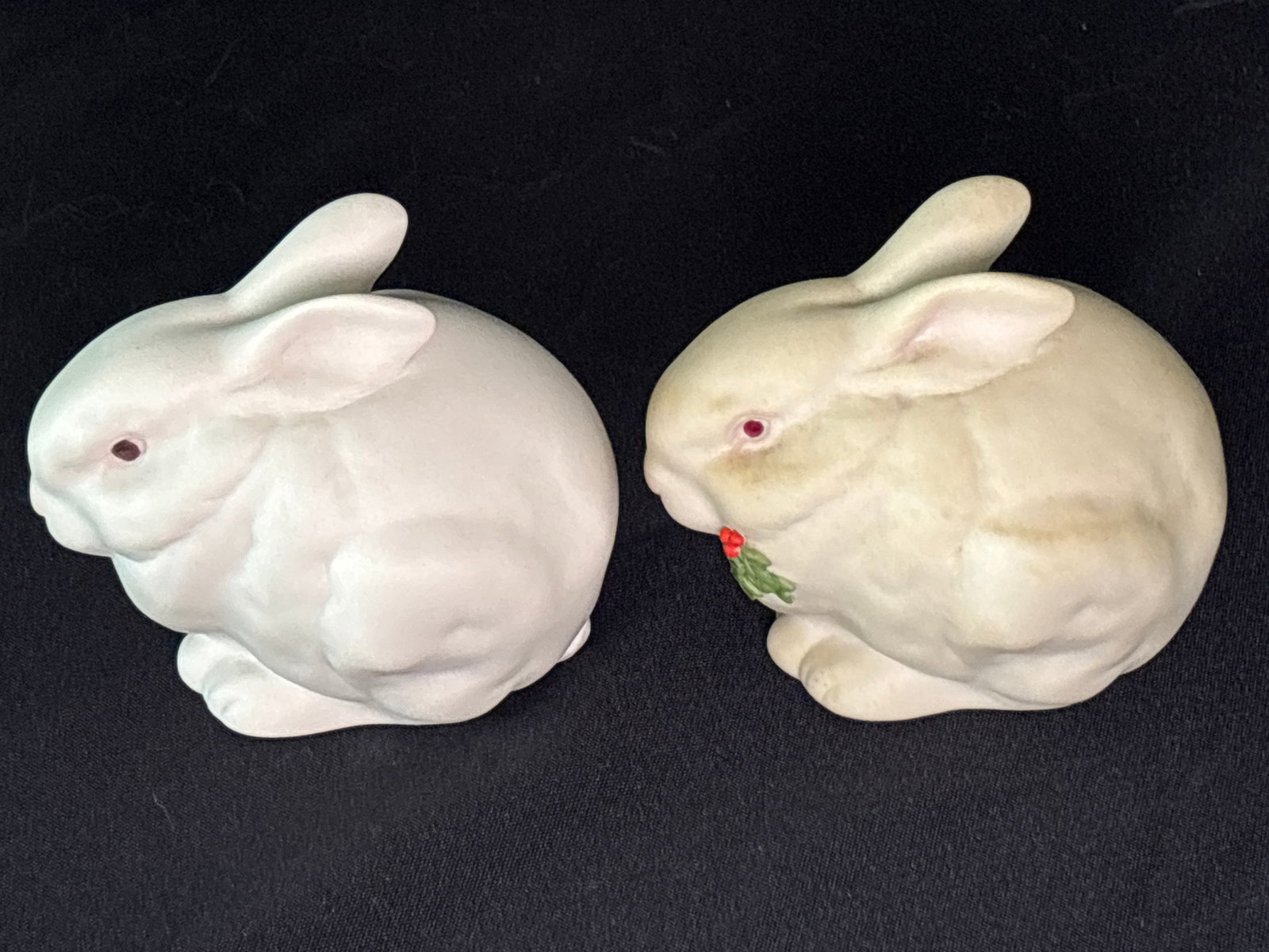 Mr. Snowball & Mr. Snowball without Holly Cybis porcelain rabbit figurines: "Mr. Snowball with Holly" figurine, which is the festive, holiday variant of the classic Cybis porcelain rabbit.The Design: It is crafted from the signature matte white bisque porcelain, featuring dis