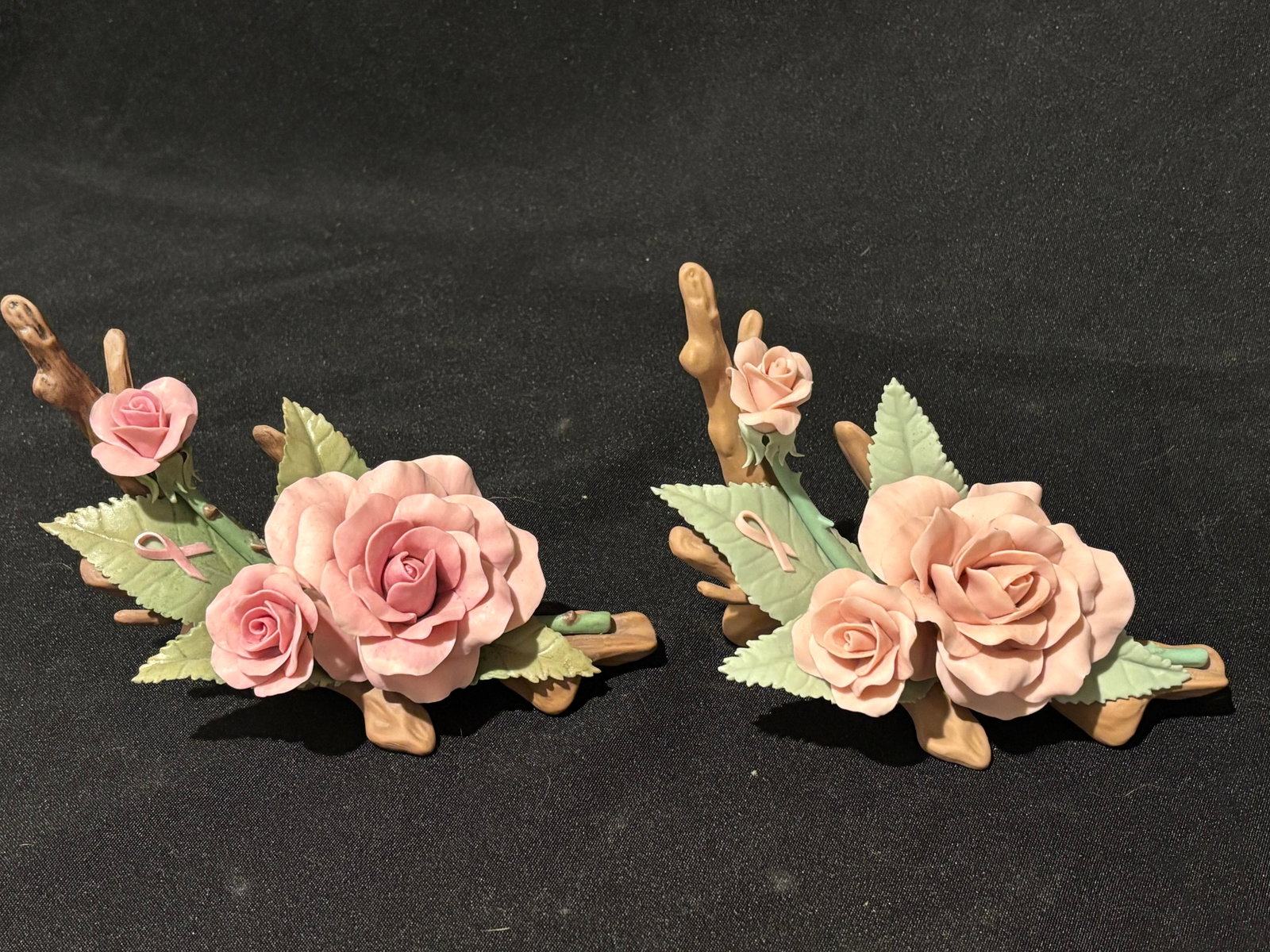 Pair Rare "Ribbon of Hope" Rose Cybis Porcelain breast cancer awareness ribbon: Pair rare Cybis porcelain floral study featuring pink roses and a pink breast cancer awareness ribbon.This exquisite piece is the "Ribbon of Hope" Rose by the legendary Cybis Porcelain Studio.Design