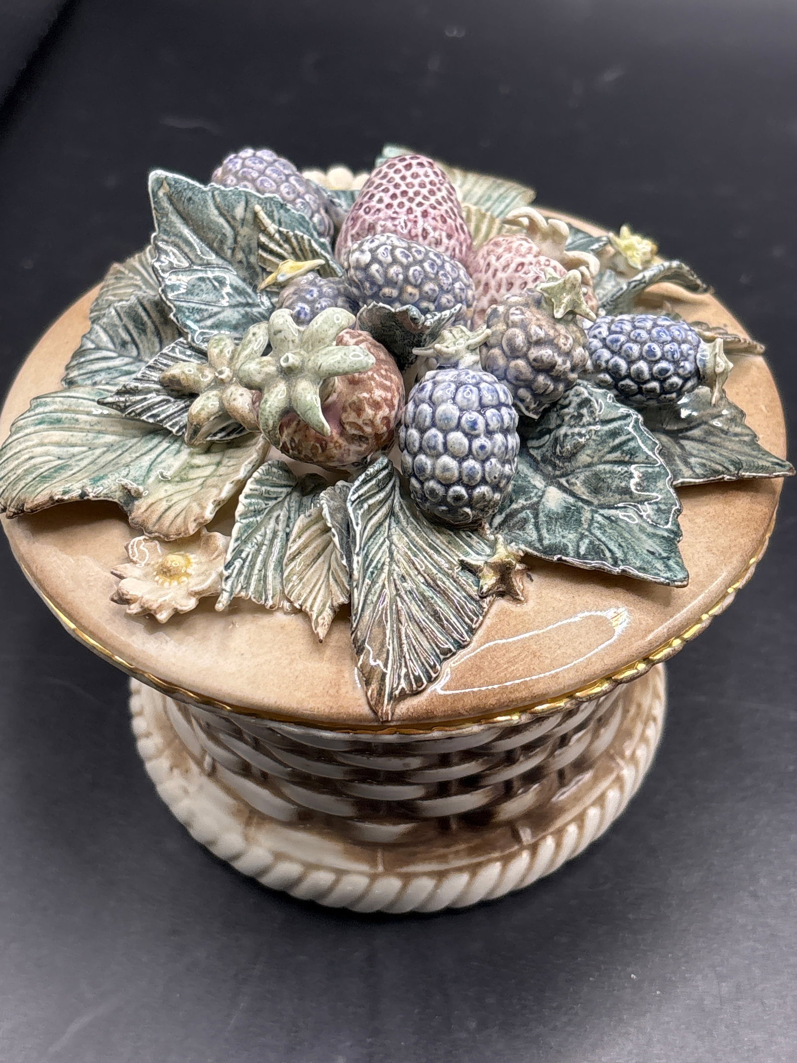 authentic creation 1940’s Cybis Porcelain Studio lidded 5 inch box: authentic creation from the renowned Cybis Porcelain Studio, which operated in Trenton, New Jersey.Production and Rarity DetailEra: Based on the high-gloss glaze accents, the distinctive weave shape, 