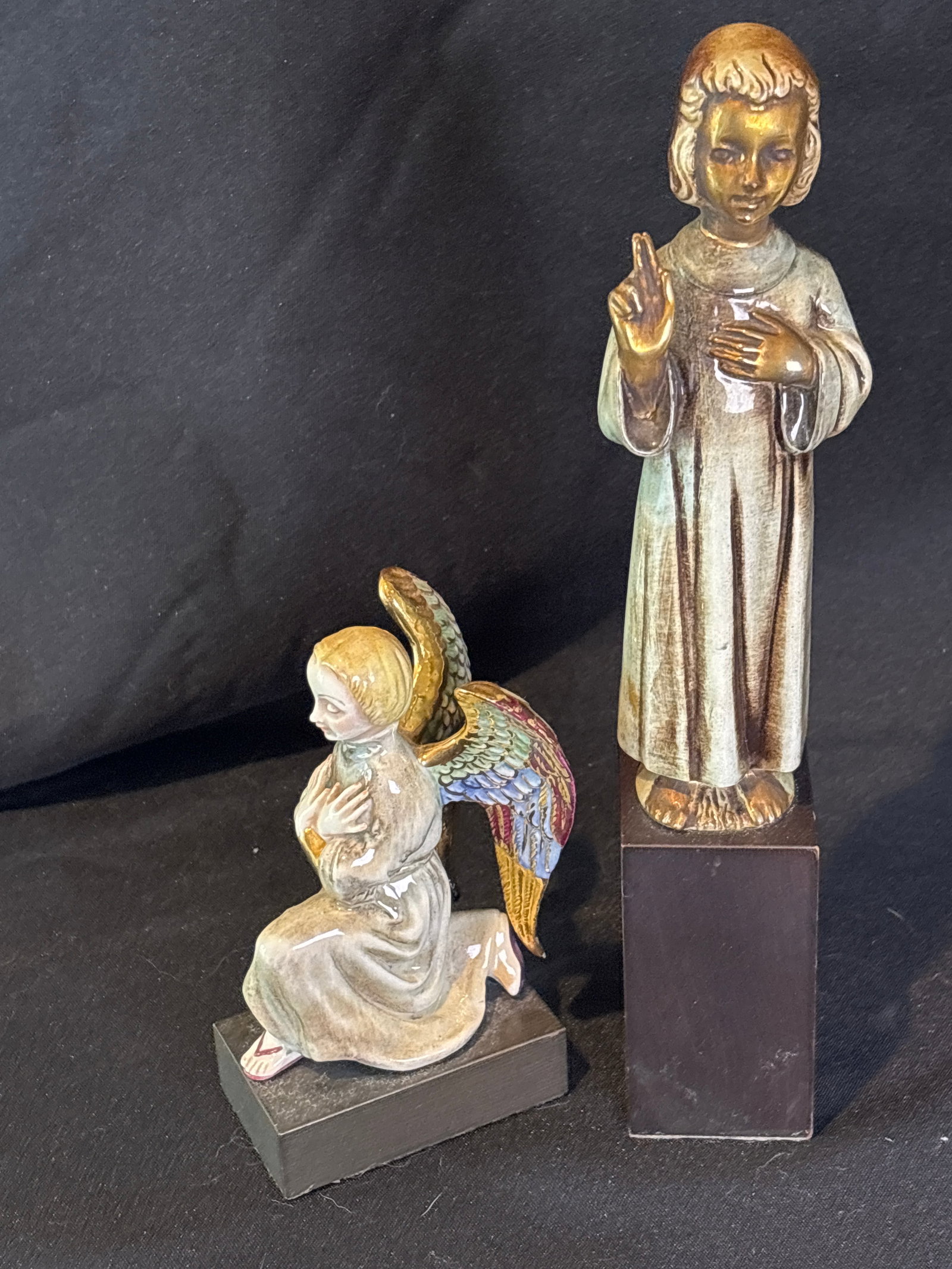 Two rare Cybis Porcelain religious items; Jesus & stained glass Kneeling Angel: Two early rare mid-century porcelain figurine; one titled "Jesus, Most Obedient" (also referenced as young Jesus with hand raised) produced by the Cybis porcelain studio.This specific design depicts a
