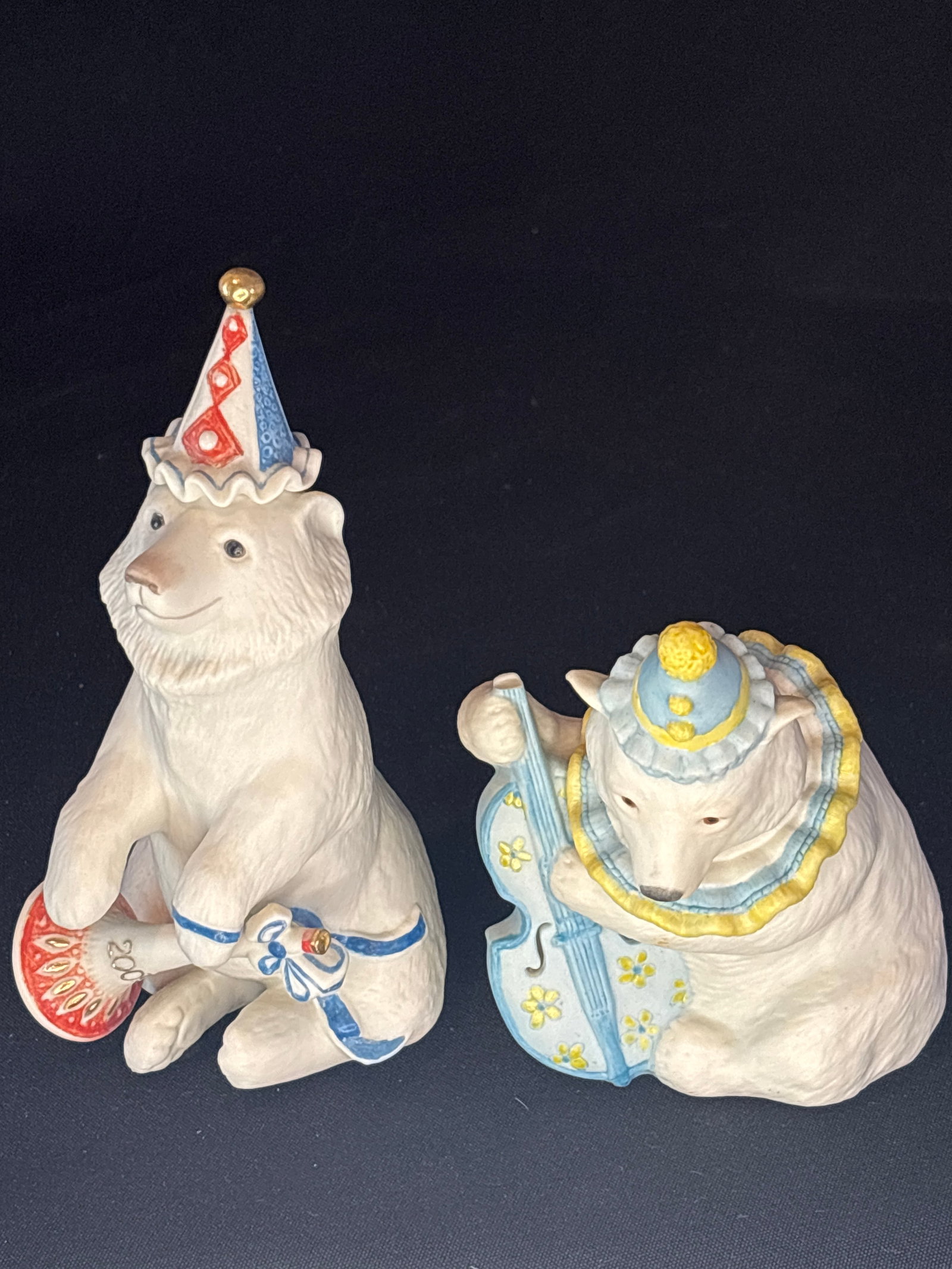 Cybis BoBo the Musical Bear & Barnaby bear 6 inch figurines: vintage Cybis porcelain "Barnaby" circus bear figurine, hand-painted in bisque porcelain wearing a colorful clown party hat and collarhand-painted bisque porcelain figurine from the Cybis Porcelain ci