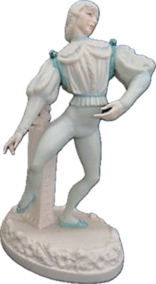 vintage Cybis Bisque Porcelain ' enamored Prince Florimund' 11.5 inch Figurine: bisque porcelain figurine from the Cybis Porcelain Studio depicting a character from the Sleeping Beauty ballet. Sculpted by artist Harry Burger and introduced in 1973, this 11.5-inch to 12-inch tall 