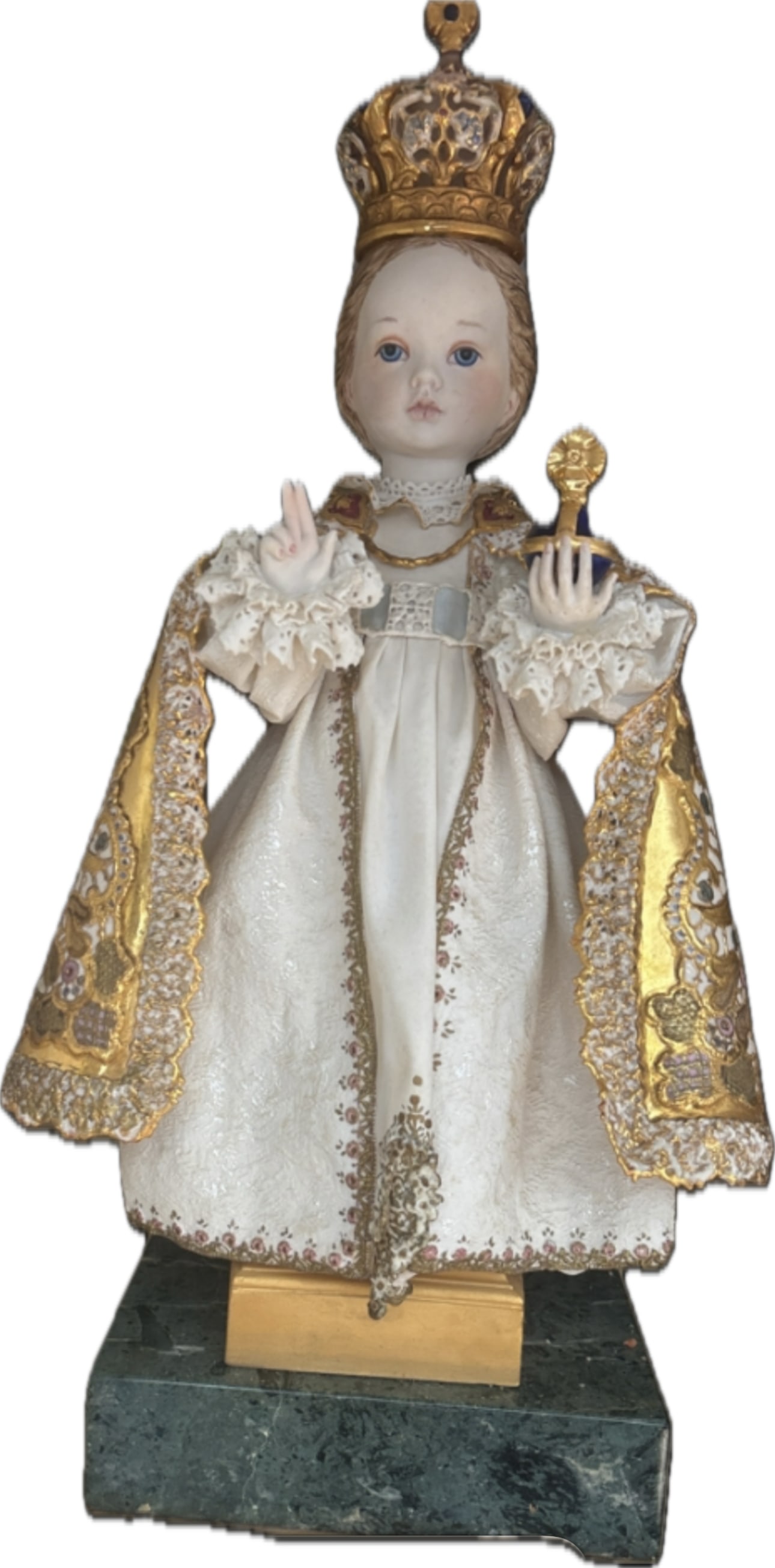 Second rare Cybis porcelain sculpture depicting the Holy Child of Prague ( small repair): Old Thumbnail size repair on bottom caperare Cybis porcelain sculpture depicting the Holy Child of Prague (or Infant Jesus of Prague).About the SculptureArtist & Studio: This masterpiece was crafted b