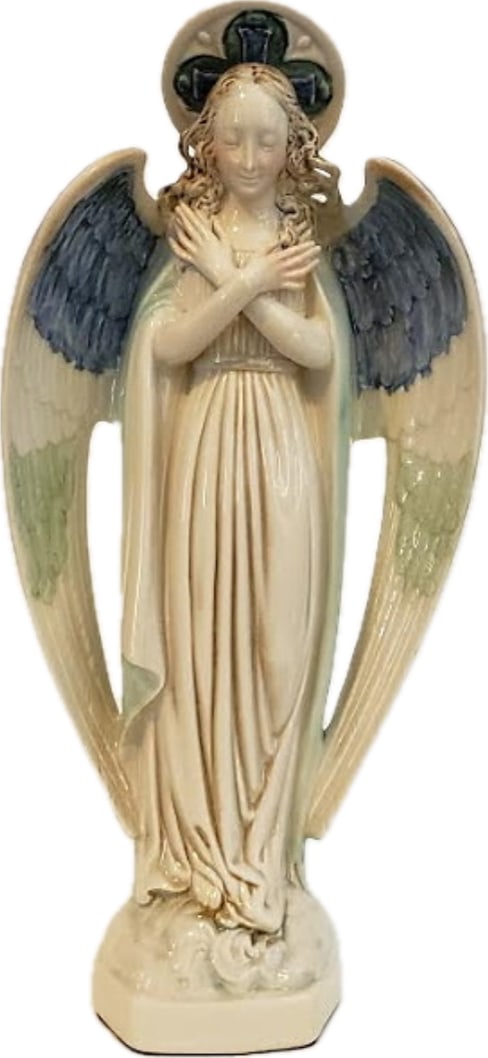 Cybis color version 1950's Guardian Angel: The color version of the 1950s Cybis Guardian Angel is highly sought after by collectors because the studio finished them in an array of unique, hand-painted colorways.Known ColorwaysThe studio used a