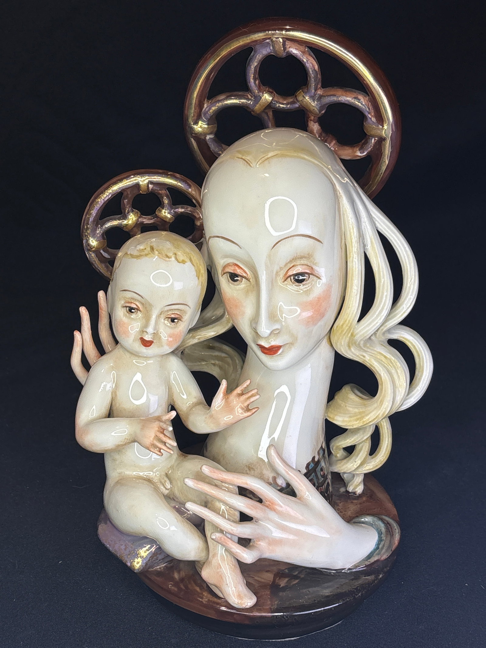 1940's highly stylized Madonna and Child porcelain 12 inch bust: highly stylized Madonna and Child porcelain bust, consistent with the unique art-deco and mid-century devotional designs produced by the renowned American studio Cybis Porcelains.Key Characteristics