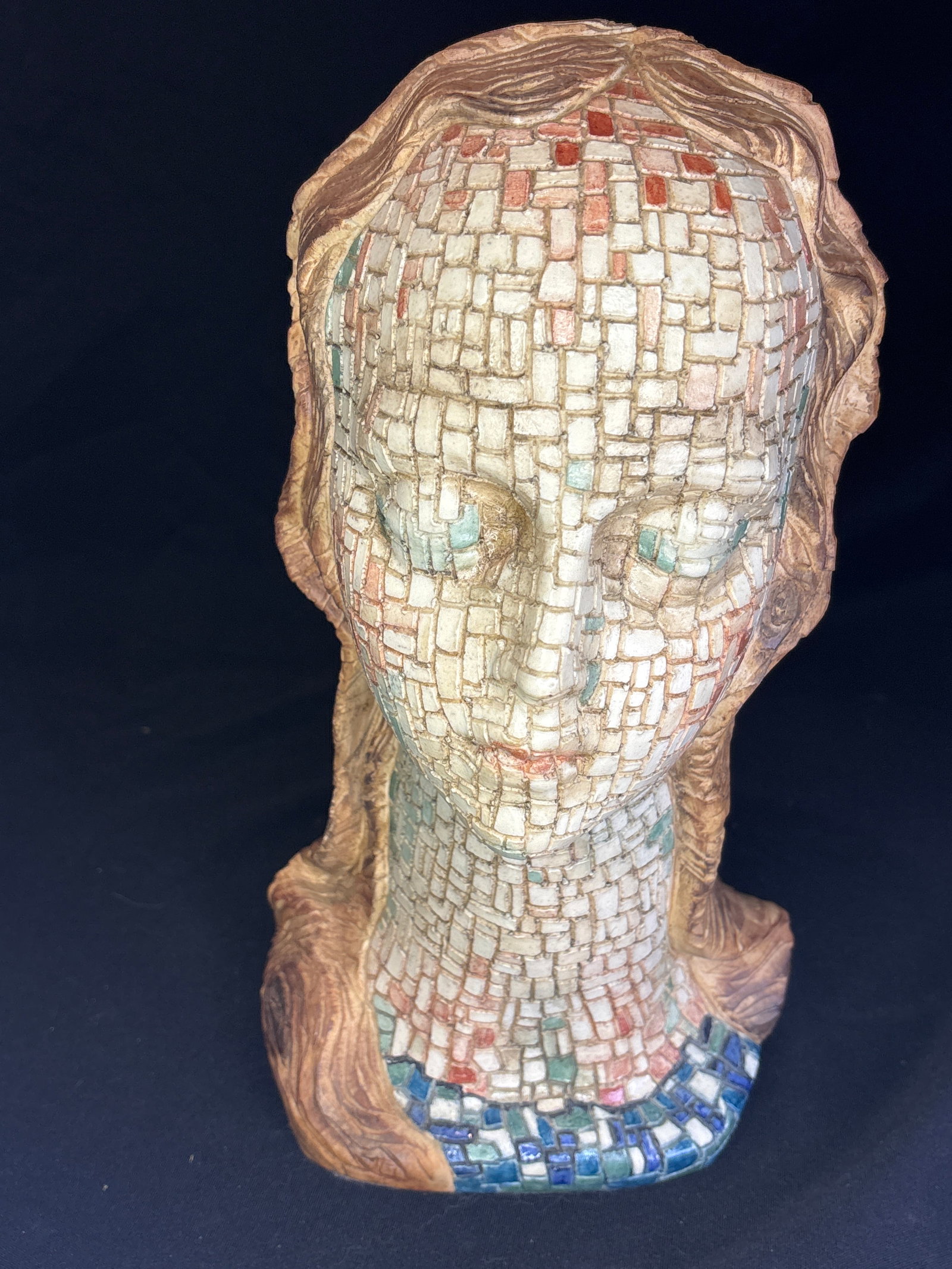 1940's museum-quality "Mosaic Head of Virgin Mary" 12.5 inch bust: "Mosaic Head of Virgin Mary," the historical companion piece to the Mosaic Head of Christ created by Marja Tym Cybis circa 1945–1946, this fully three-dimensional sculptural bust represents an