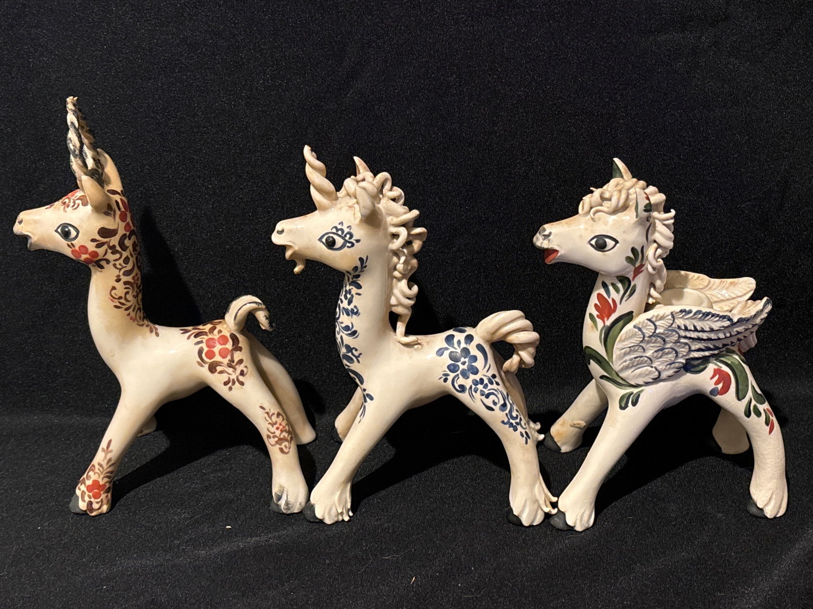 Three rare, highly important 1940's Cybis "Folklore Animals" 9 inch figurines: Standing at 9 inches tall, these figurines are incredibly substantial and highly important examples from the early years of the studio. These delightful hand-painted porcelain pieces are rare "Folklor