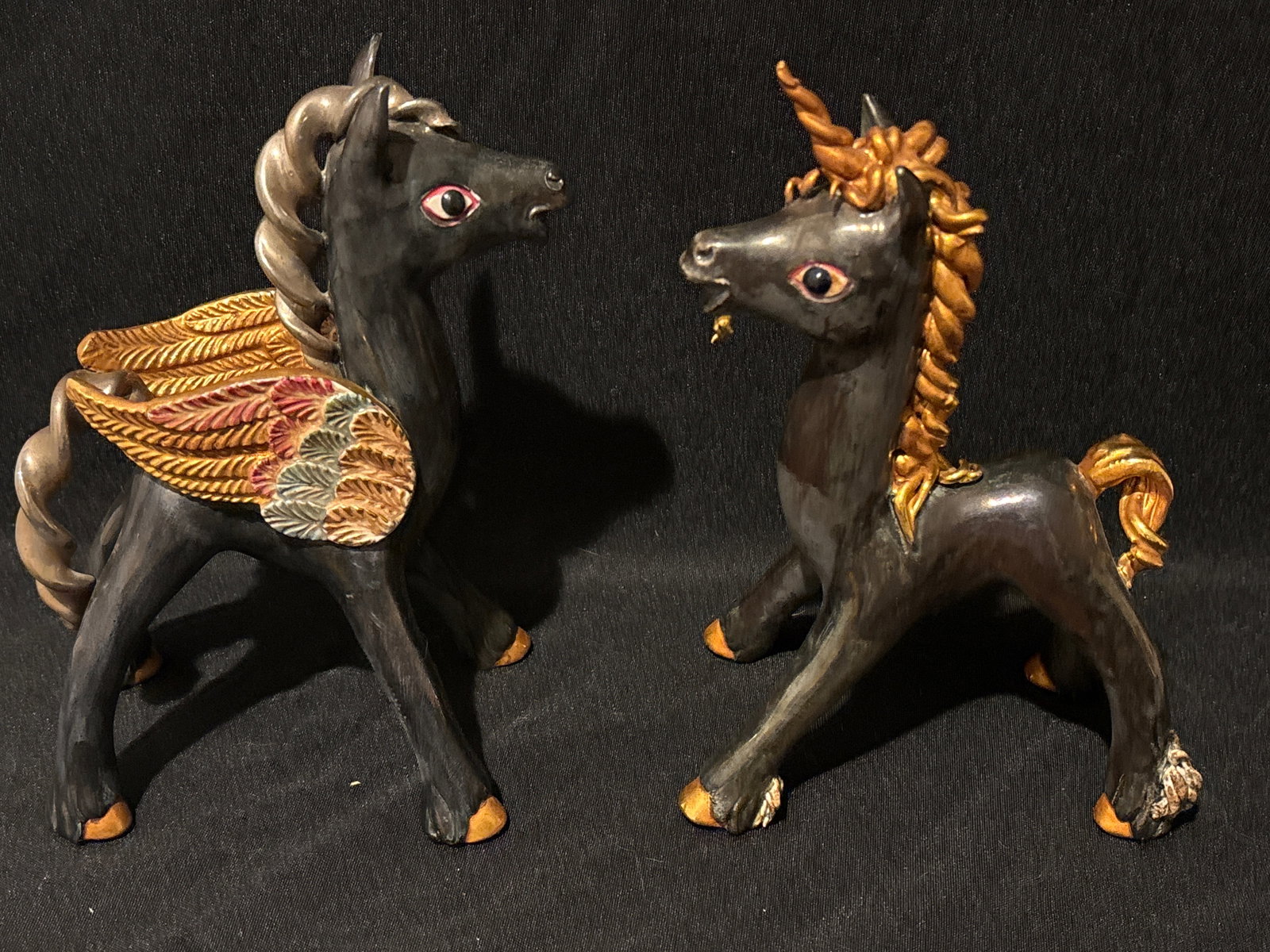 Two rare, highly important black glazed 1940's Cybis "Folklore Animals" 8.5 inch figurines: Two rare 1940s "Folklore Animals" created by the Cybis Porcelain Studio.Identification & HistoryDuring the 1940s, Boleslaw and Marja Cybis created whimsical, highly stylized equine sculptures often us