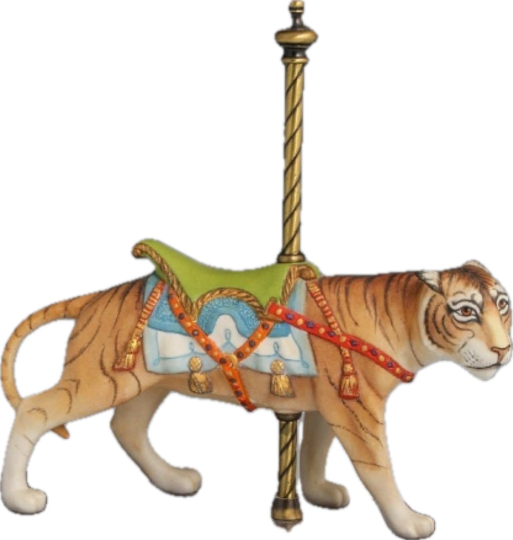 Limited edition Tiger Cybis carousel 12 inch sculpture: Cybis Carousel Tiger is a highly collectible bisque porcelain sculpture created by the renowned Cybis Porcelains studio. Originally designed by acclaimed sculptor Susan Clark Eaton and introduced in S