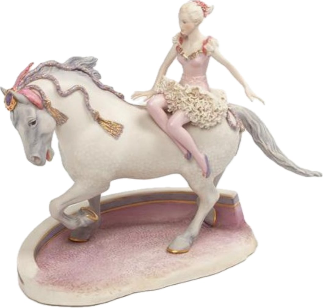 Rare Limited edition Cybis Circus Rider "Equestrienne Extraordinaire" 13.25 inch sculpture: Cybis Circus Rider, officially titled "Equestrienne Extraordinaire," is a rare and highly prized limited-edition porcelain sculpture introduced by the Cybis Porcelain Studio in 1979. The sculpture fea