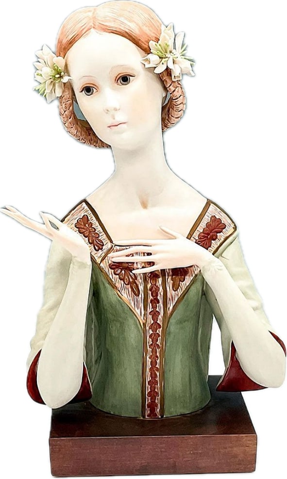 Highly collectible Limited edition Beatrice Cybis 10 inch sculpture: Beatrice" is a highly collectible bisque porcelain bust produced by Cybis Porcelain as part of their "Portraits from Literature" collection. Designed by the renowned artist Laszlo Ispanky, the piece w