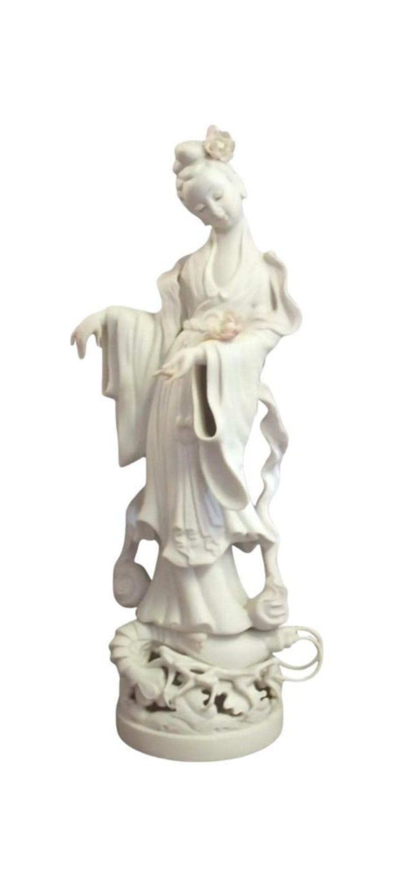 Highly collectible limited edition Cybis "Kean Yin" 13.5 inch sculpture: Cybis Kwan Yin is a highly collectible bisque porcelain figurine produced by the American art porcelain studio Cybis Porcelains. It depicts the Buddhist goddess of mercy and compassion standing atop a