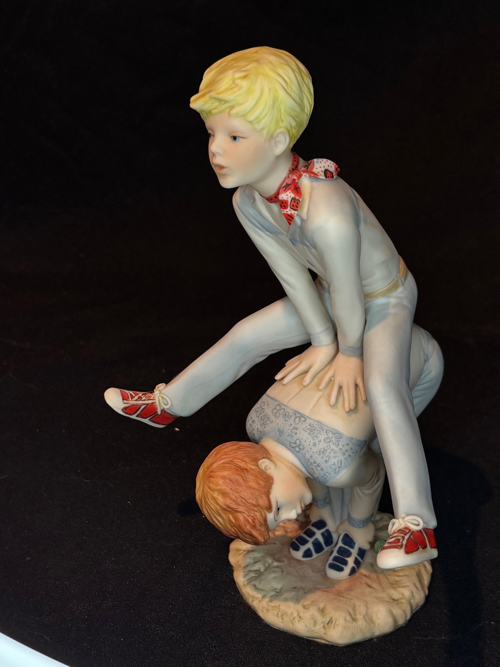 vintage Cybis Porcelain Figurine "Skipper & Jens" Boys Playing Leapfrog: vintage Cybis Porcelain Figurine "Skipper & Jens" Boys Playing Leapfrog, released in 1977.Figurine DetailsMaker: Cybis (an American porcelain studio)Subject: Two young boys playing leapfrog, with one 