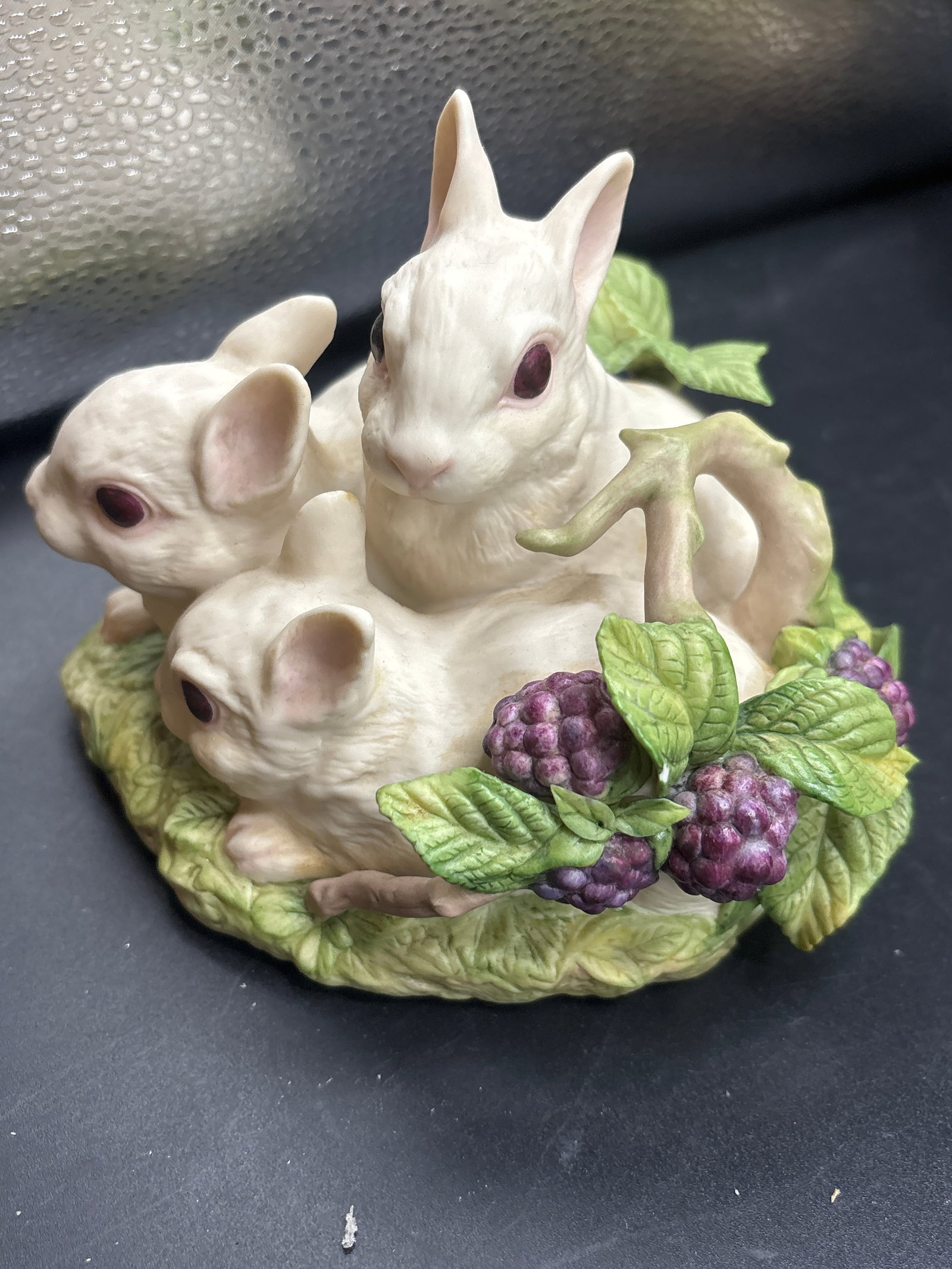 Pin tip size glaze flake; "Cotton, Puff and Snow" bisque porcelain bunny figurine trio (1 of 8)