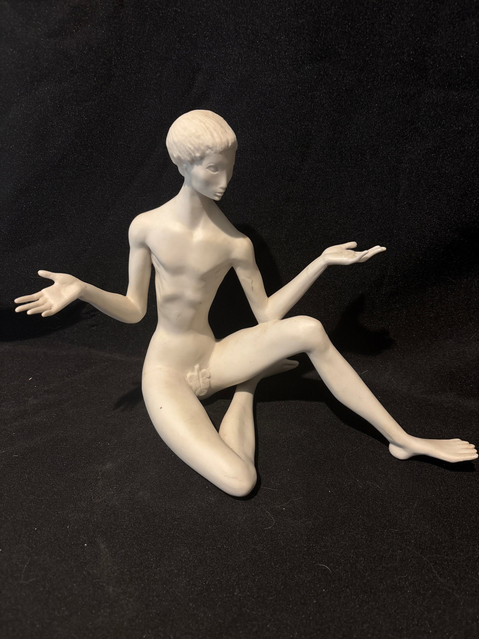 Unsigned attributed to Cybis; white bisque porcelain male nude: Unsigned attributed to Cybis; white bisque porcelain male nude manufactured by the historic American art studio Cybis Porcelain.About the FigurineThis specific sculpture represents a rare departure fr