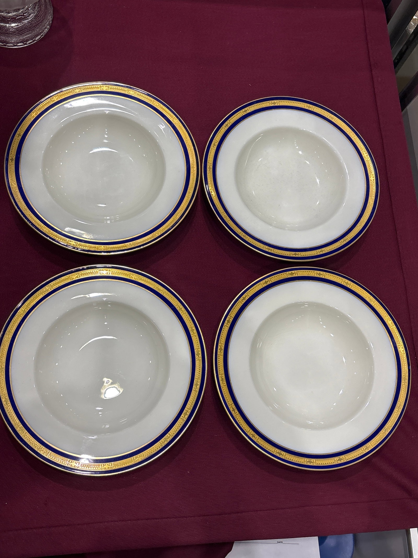 Four vintage Royal Worcester "Howard" Cobalt Blue and Gold Trim 9 inch Rimmed Soup Bowls: Four vintage Royal Worcester "Howard" Cobalt Blue and Gold Trim Rimmed Soup Bowls.Pattern DetailsManufacturer: Royal Worcester (Made in England)Pattern Line: Howard (Cobalt Blue - Gold Trim)Design Fea