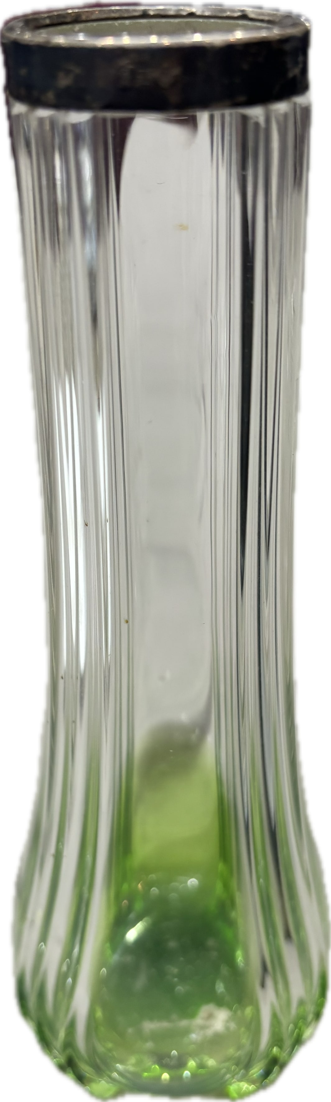 Edwardian-era hallmarked silver 8&1/4 inch vase featuring a clear to green glass body: Edwardian-era vase featuring a clear to green glass body with vertical ribbing.It is crowned with a sterling silver rim, typically hallmarked in London for the British market.These vases were often pr