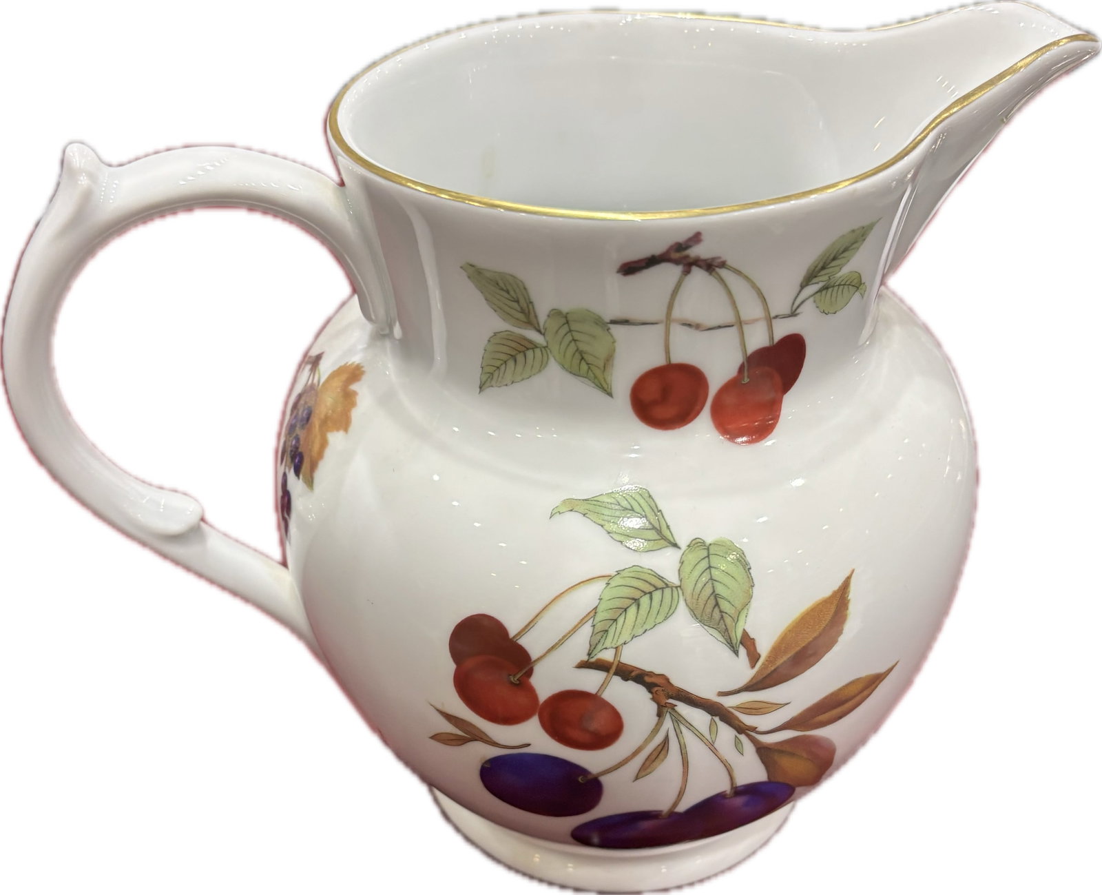 Large 8 inch Royal Worcester fine porcelain jug in the Evesham Gold pattern: Royal Worcester fine porcelain jug in the Evesham Gold pattern, featuring a colorful fruit design on a white background.The pitcher is accented with a delicate gold trim along the rim and is designed 