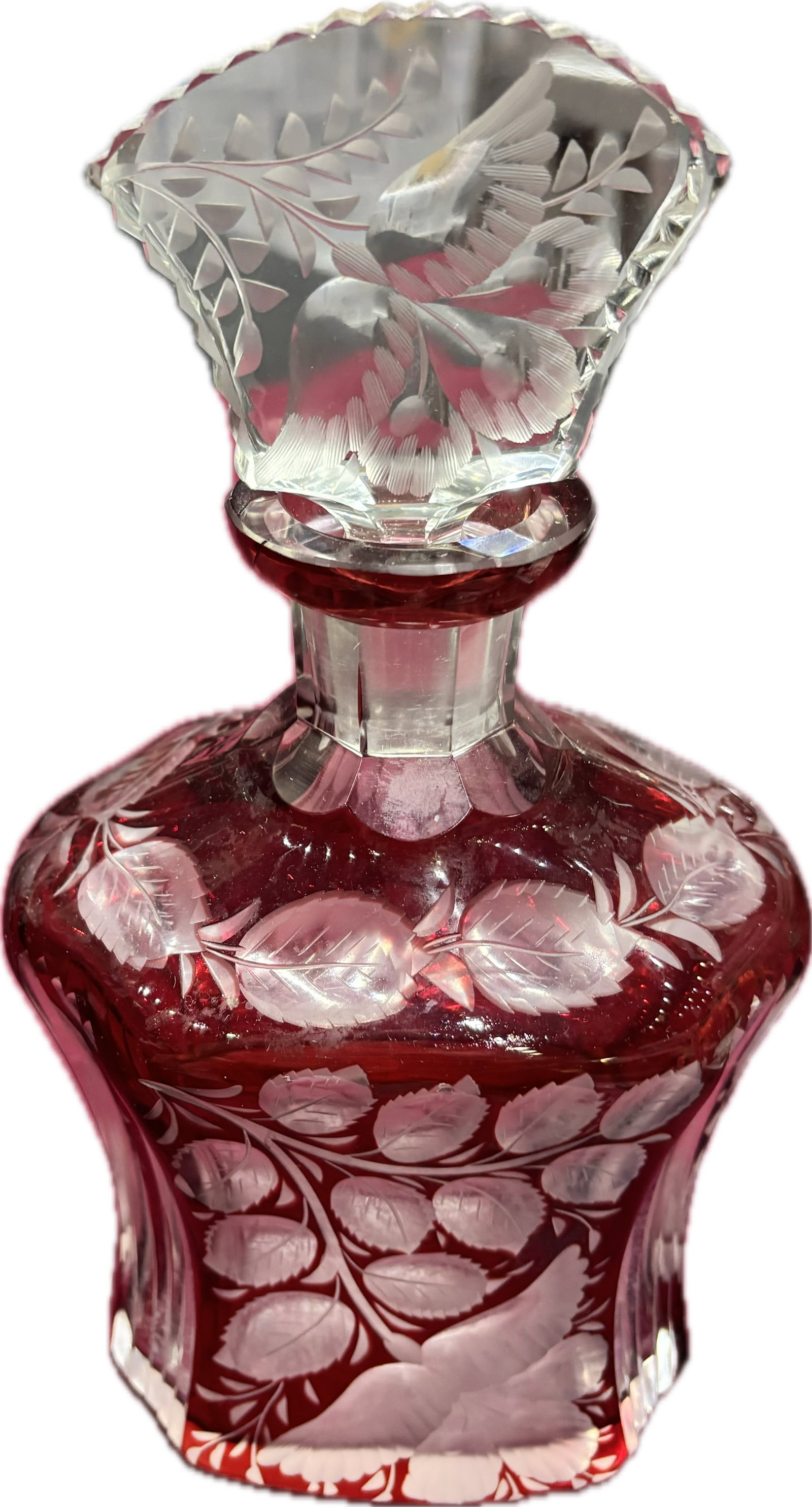 Antique Bohemian ruby red overlay cut glass 10 inch decanter (1 of 7)