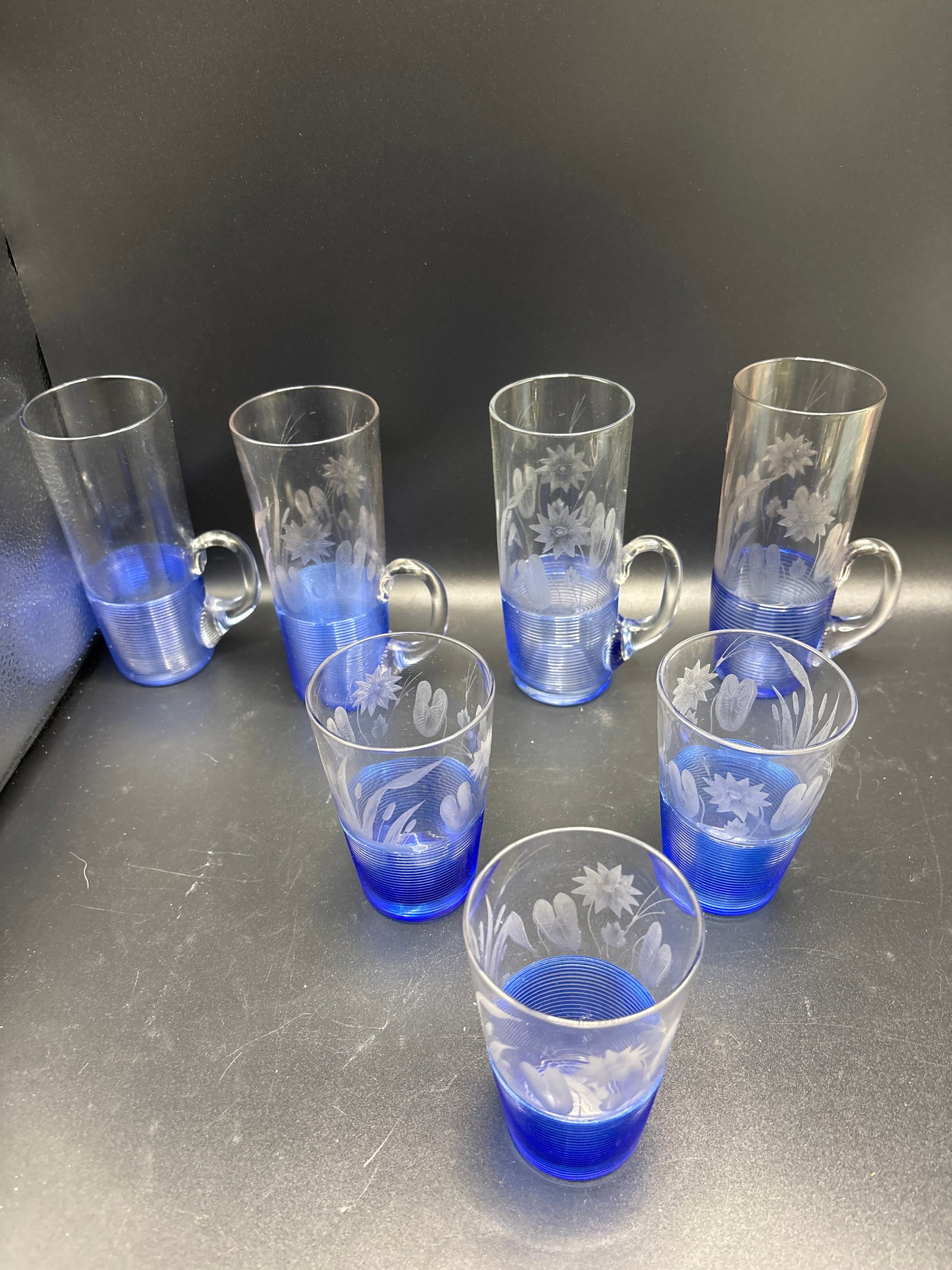 Rare group of seven etched blue 19th C. Boston & Sandwich Glass Company glasses (1 of 8)