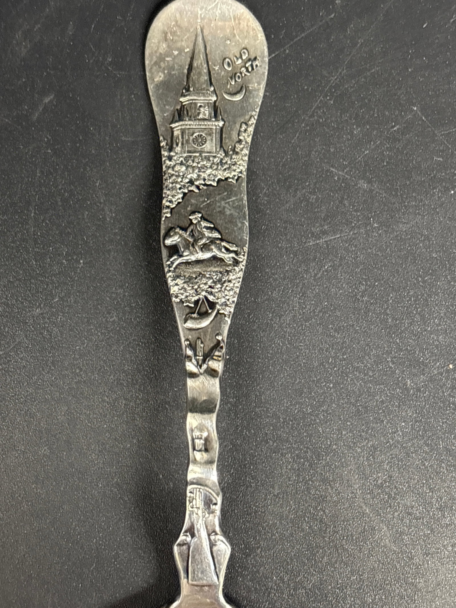 Rare dated 1892 sterling 29 grams Paul Revere’s Ride 6 inch souvenir spoon: 29 grams Sterling Paul Revere 6 inch souvenir spoon. antique sterling silver souvenir spoon commemorating the "Old North" church in Boston.The handle features detailed embossed scenes, including the