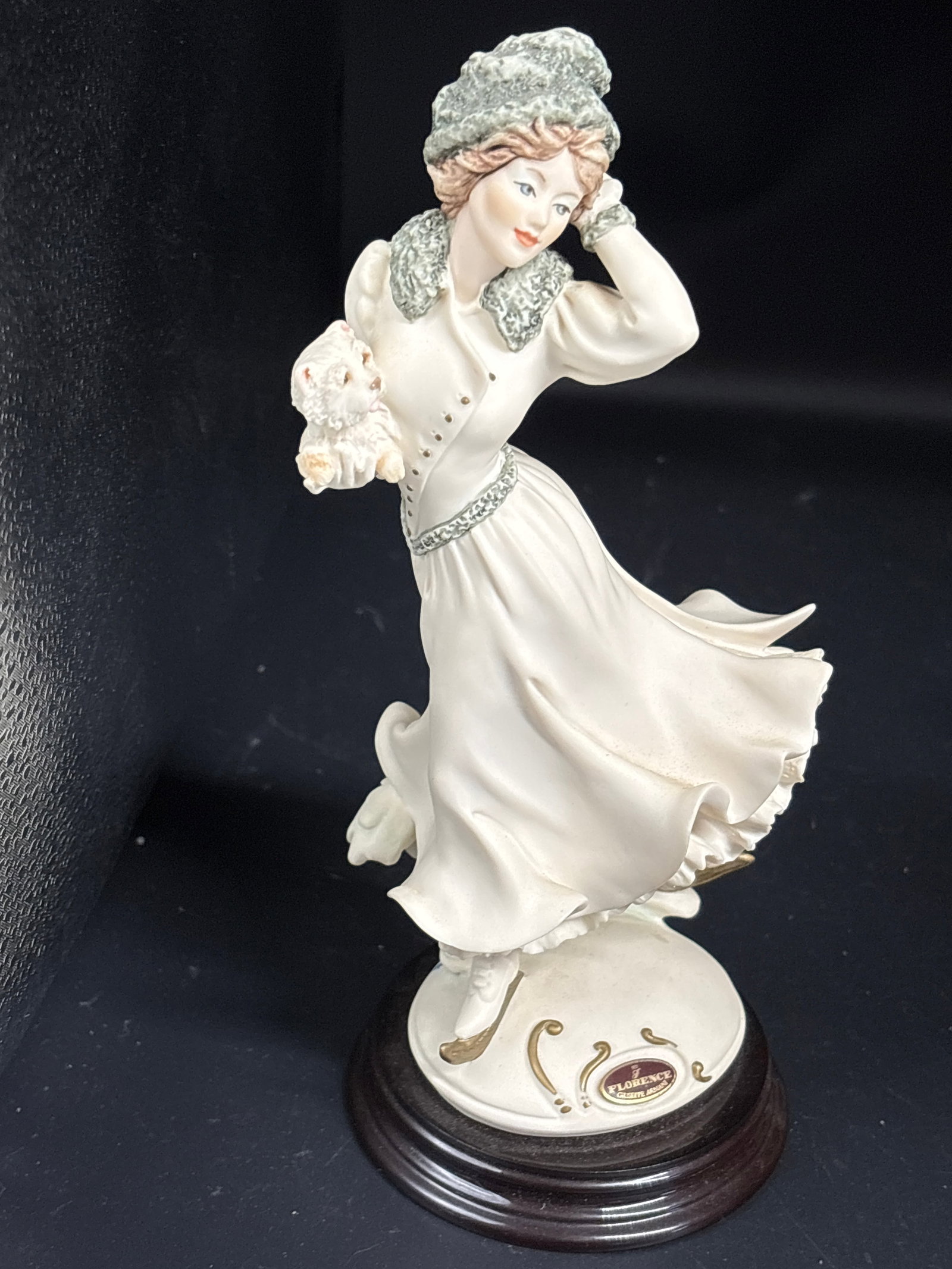 No box. Giuseppe Armani Florence figurine titled "Winter Fun" (number 320F): No box. Giuseppe Armani Florence figurine titled "Winter Fun" (number 320F), made in Italy.It depicts a lady in a white dress with a green trimmed hat and collar, holding a small white dog.The figurin