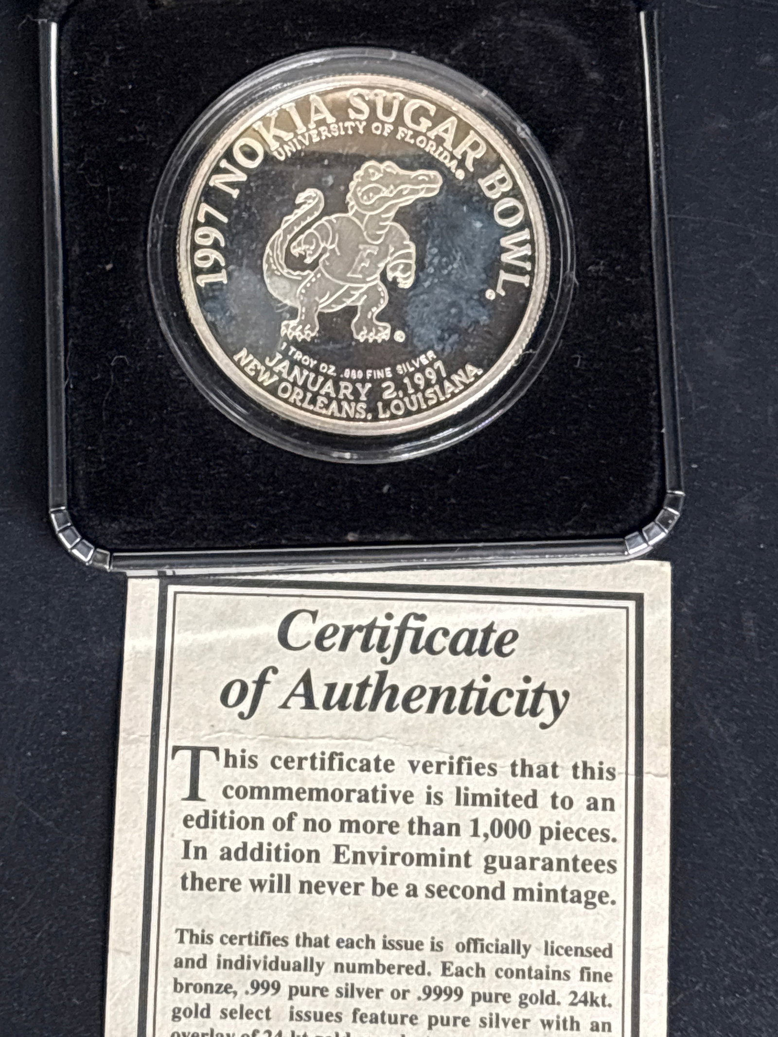 One T.O. .999 fine silver FSU Seminoles 1997 Nokia Sugar Bowl Commemorative Silver Coin (1 of 5)